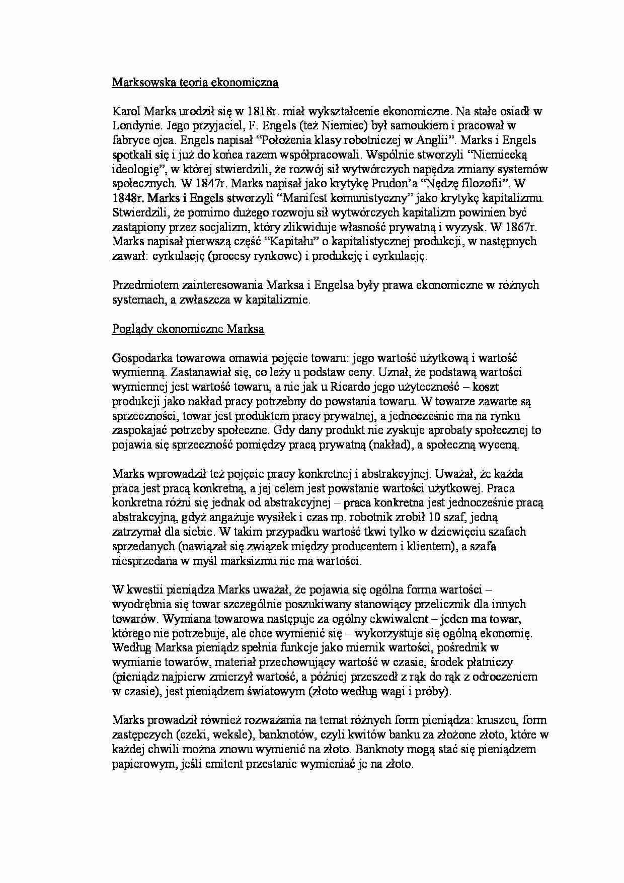 Marksowska teoria ekonomiczna- opracowanie - strona 1