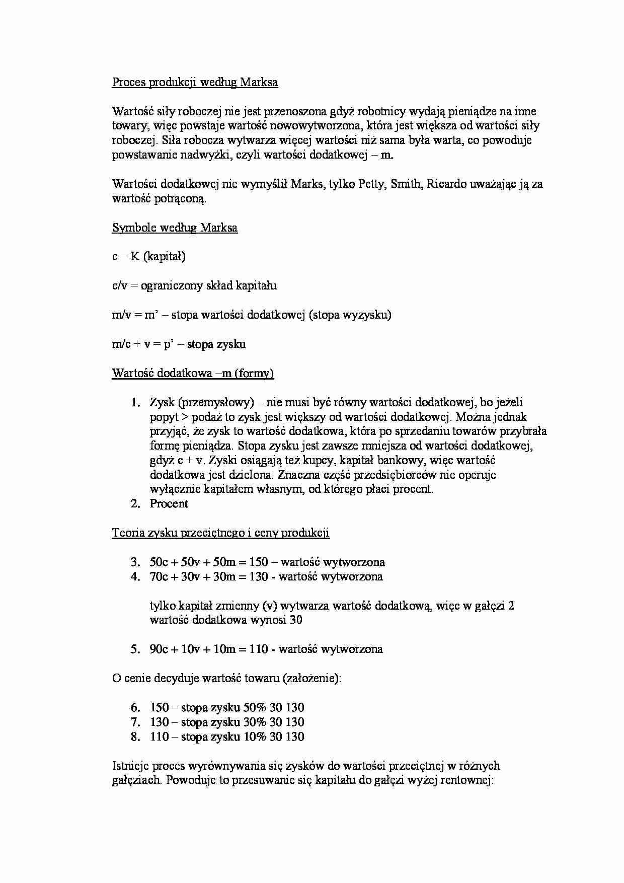 Proces produkcji według Marksa- opracowanie - strona 1