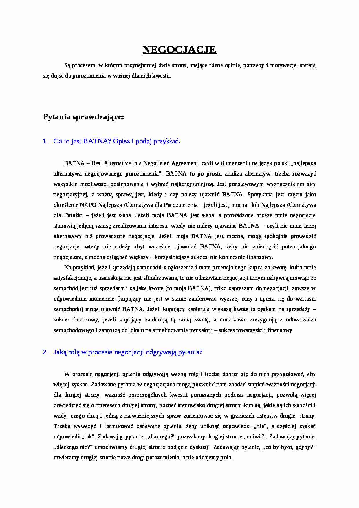 Negocjacje - przykładowe zadania - strona 1