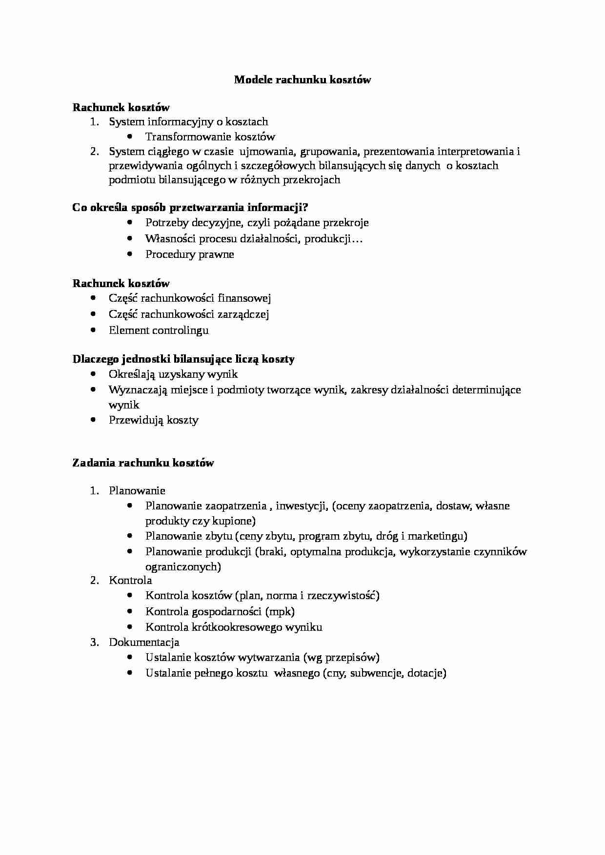 Modele rachunku kosztów- opracowanie - strona 1