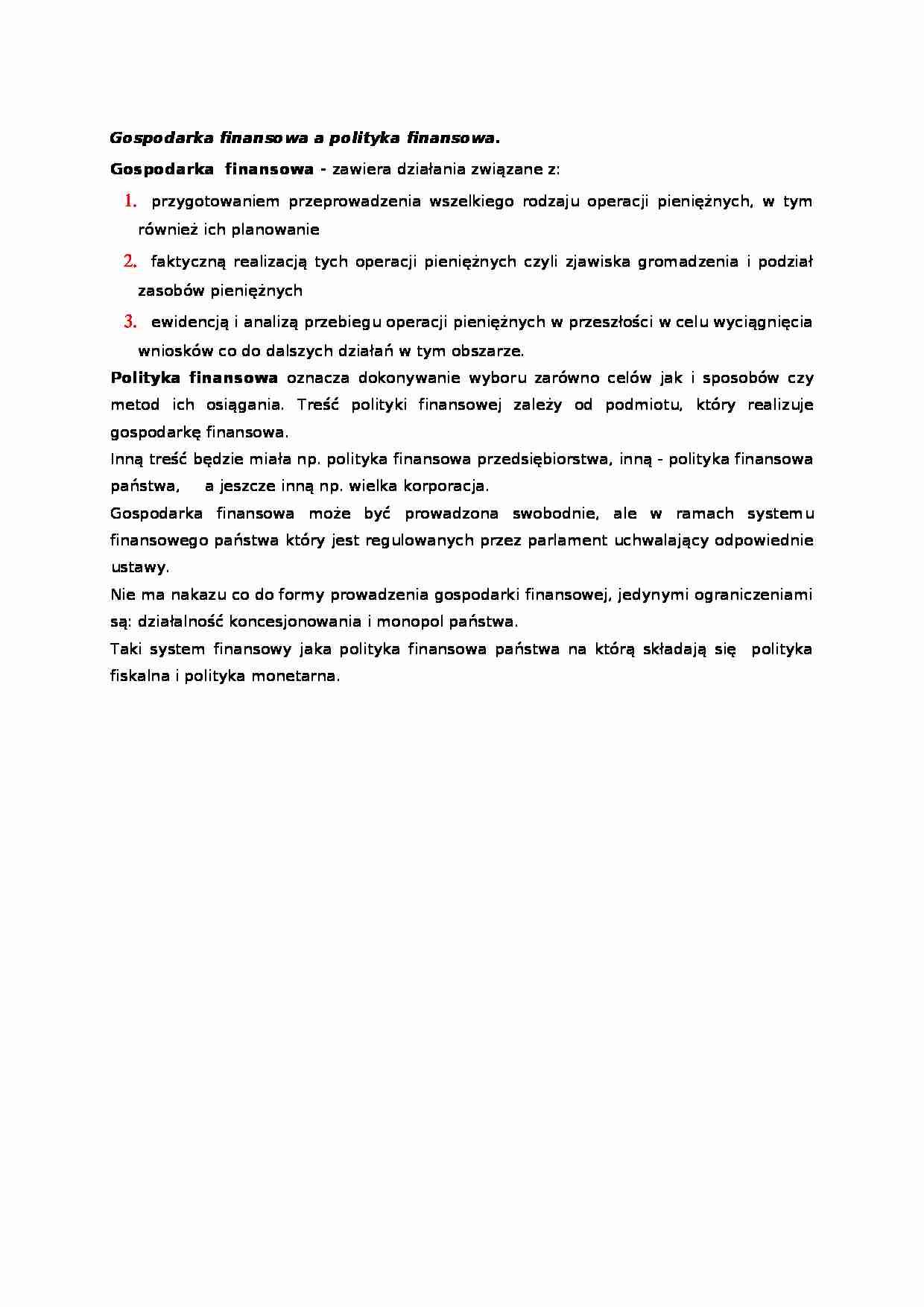 Gospodarka finansowa a polityka finansowa- opracowanie - strona 1