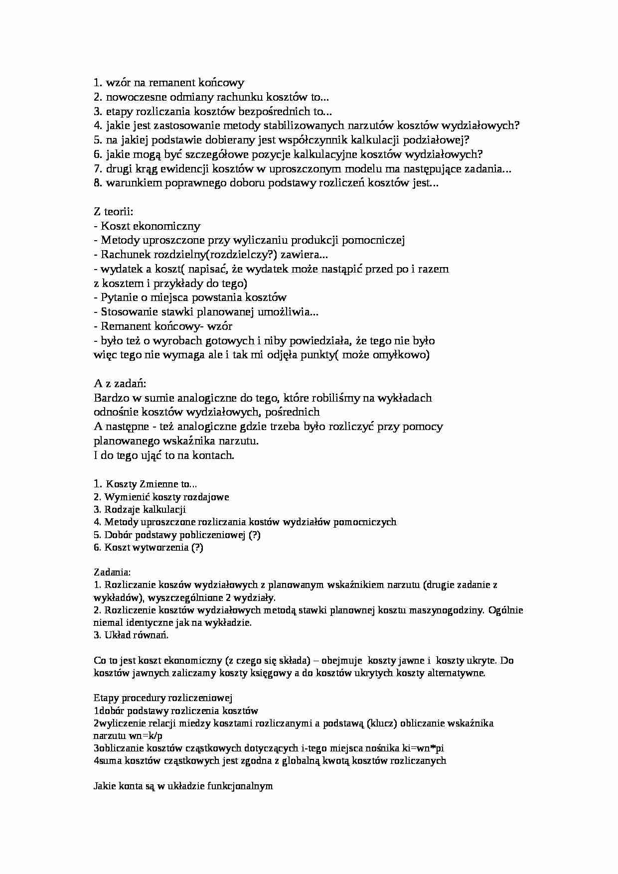 Pytania egzaminacyjne - Rachunek kosztów - strona 1