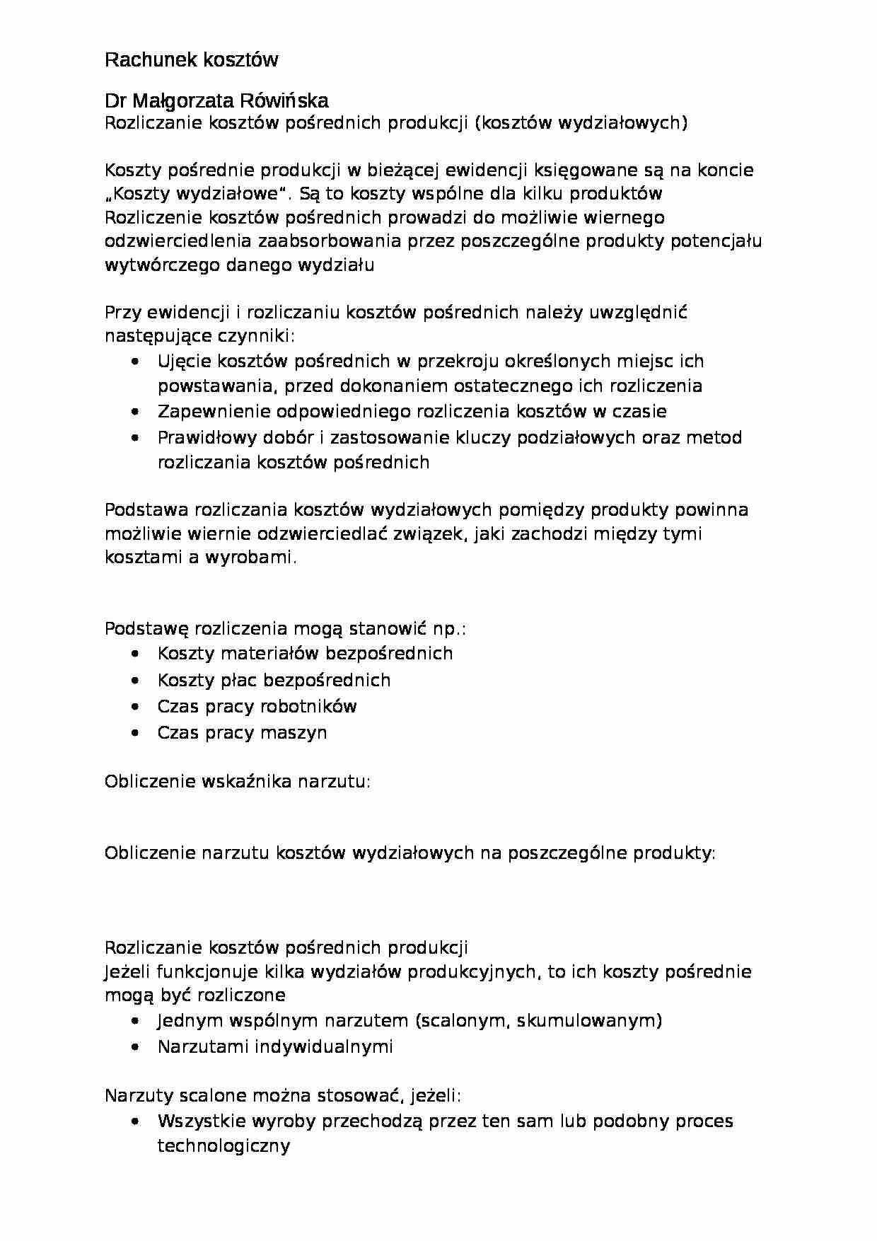 Rozliczanie kosztów pośrednich produkcji- opracowanie - strona 1