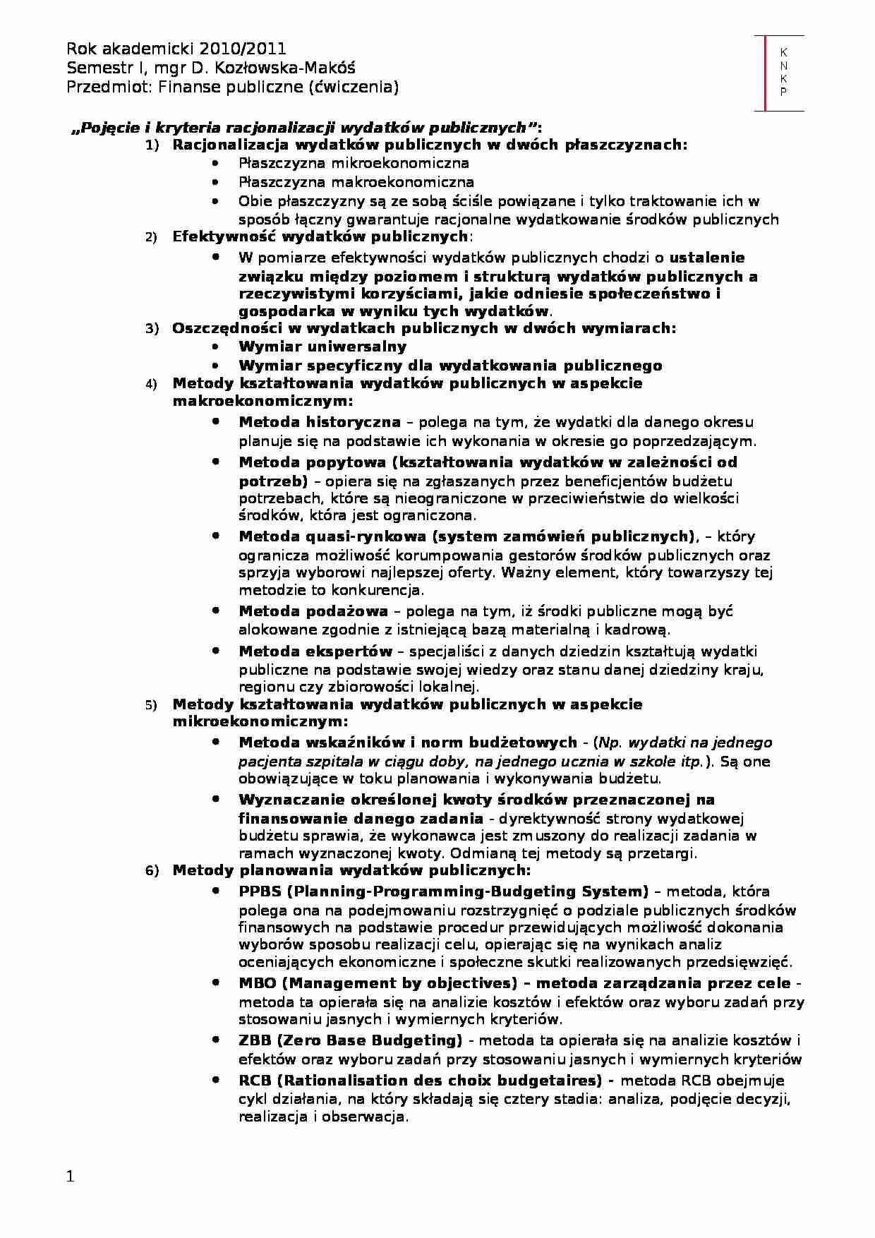 Pojęcie i kryteria racjonalizacji wydatków publicznych- opracowanie - strona 1