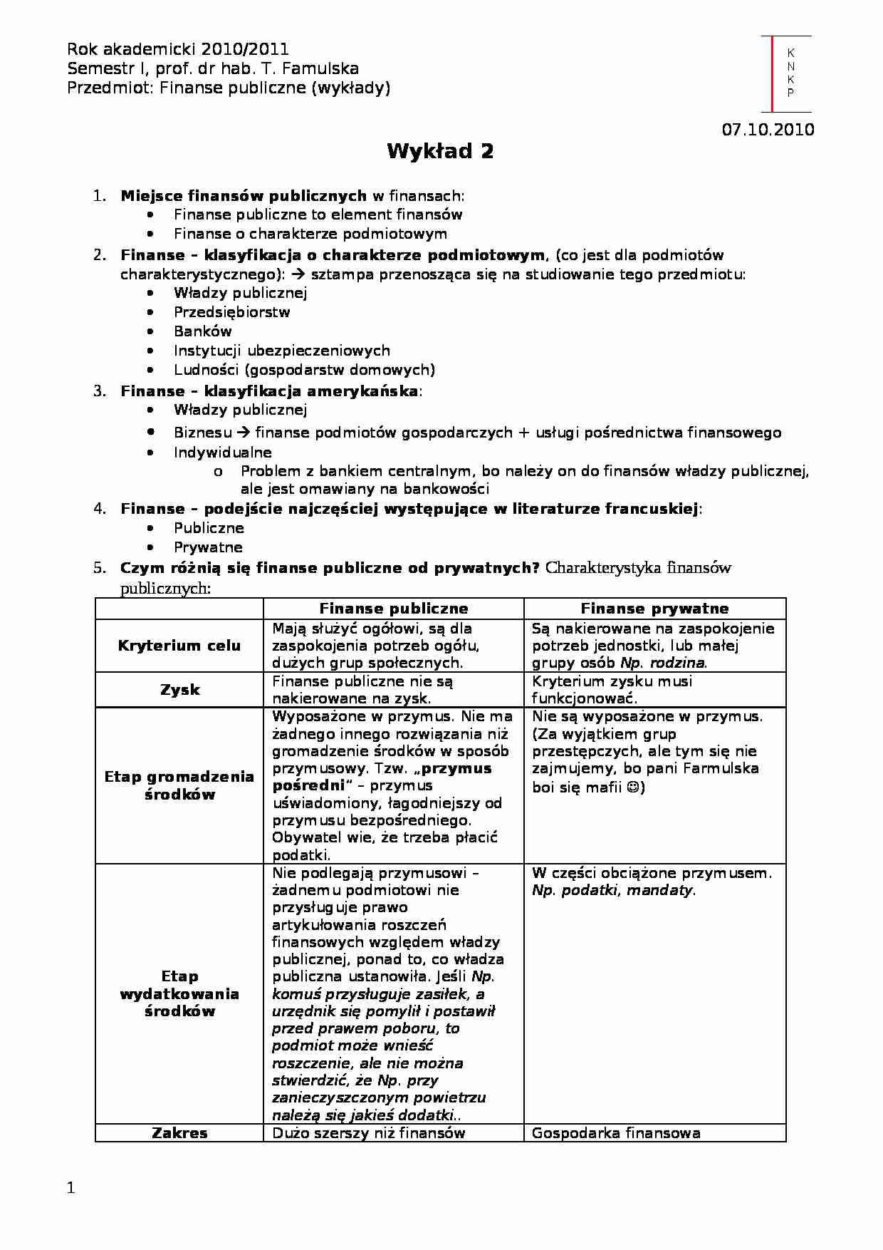 Miejsce finansów publicznych w finansach- wykład 2 - strona 1