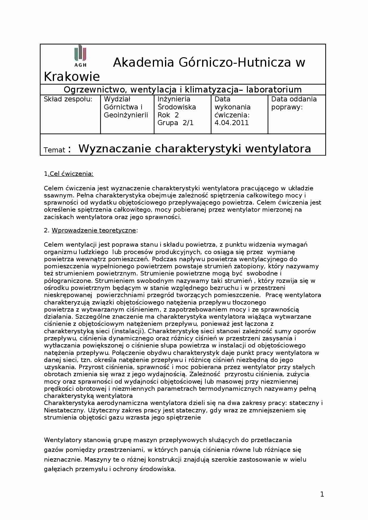LABORATORIUM Charakterystyka wentylatora sprawozdanie - strona 1