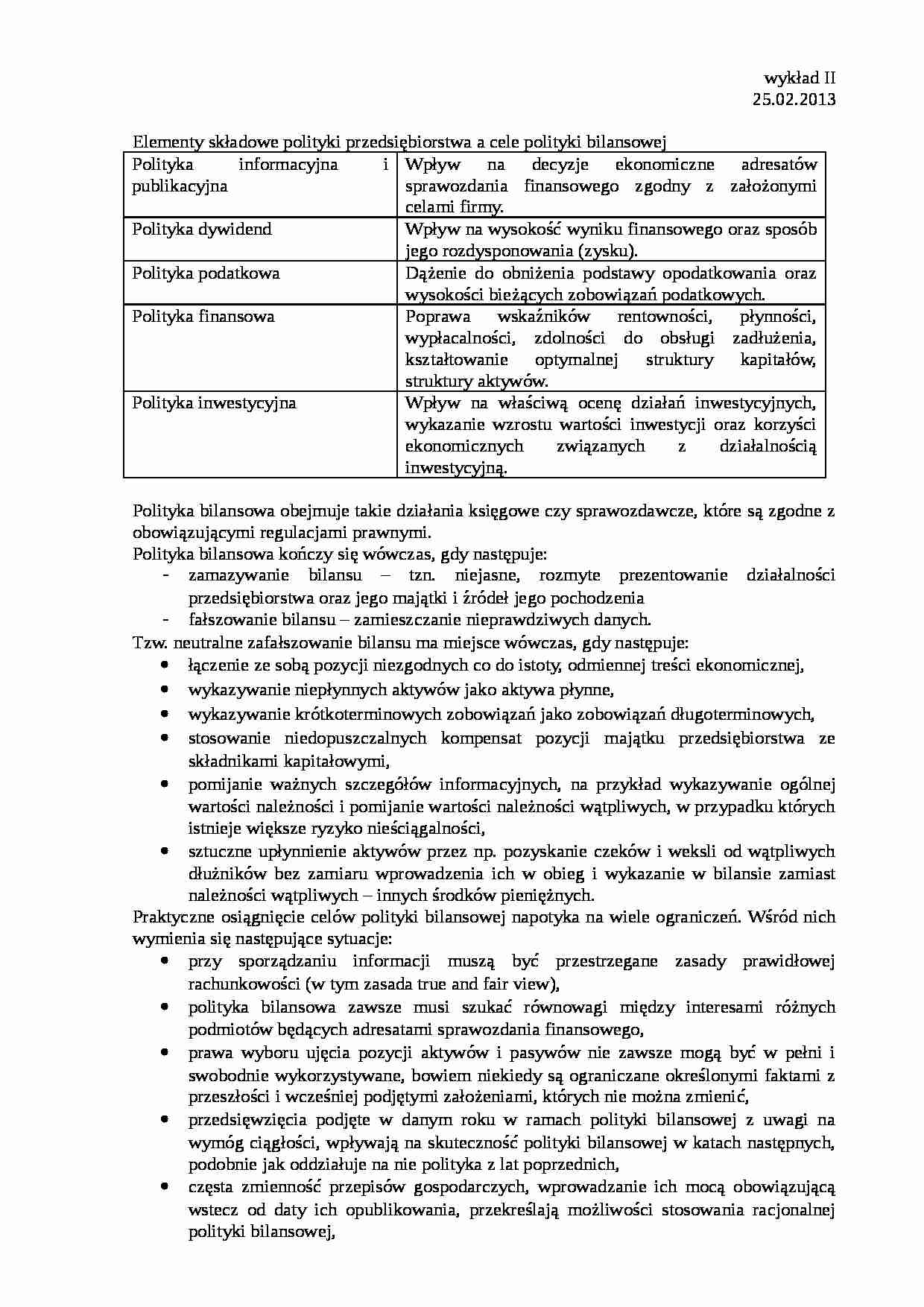 Elementy składowe polityki przedsiębiorstwa a cele polityki bilansowej- wykład - strona 1