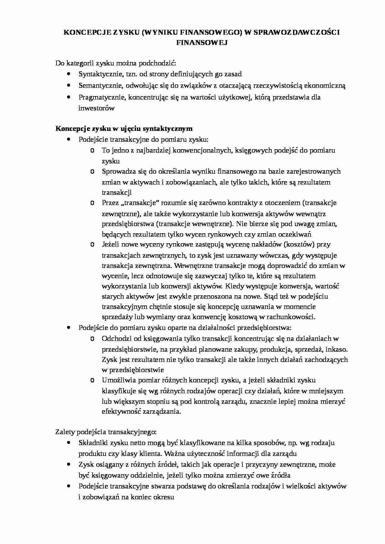Koncepcje zysku w sprawozdawczości finansowej- opracowanie - strona 1