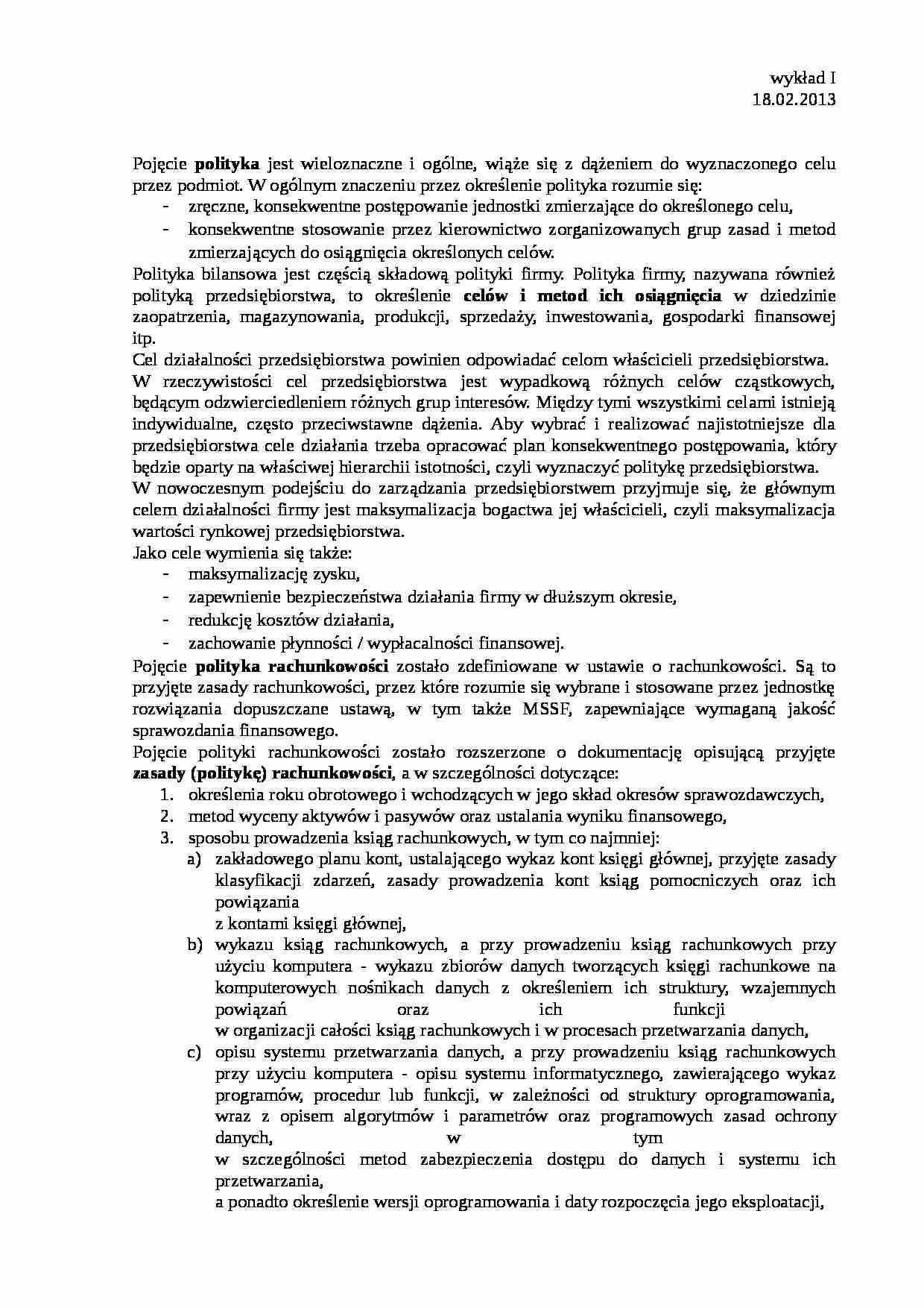 Pojęcie polityki bilansowej- wykład - strona 1