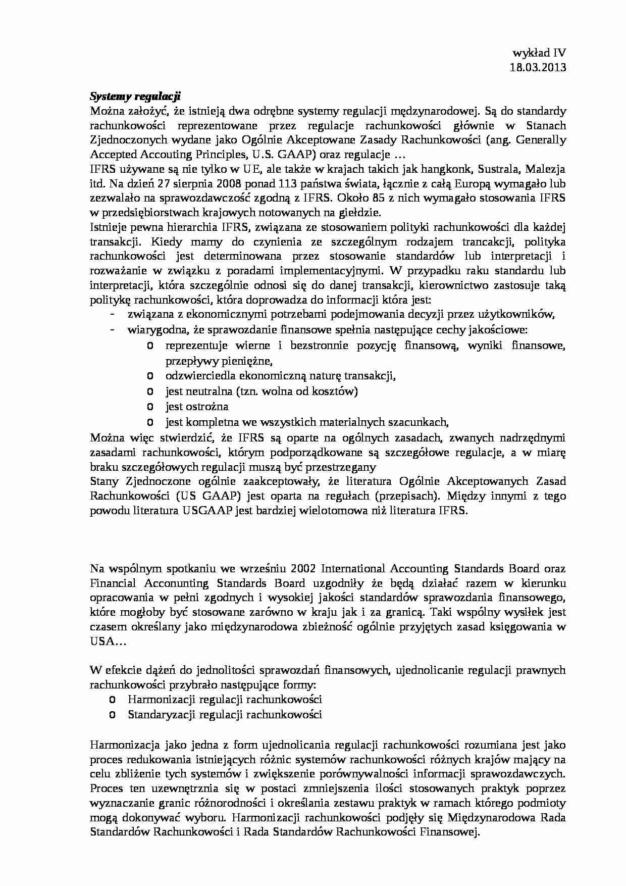 Systemy regulacji rachunkowości- wykład IV - strona 1