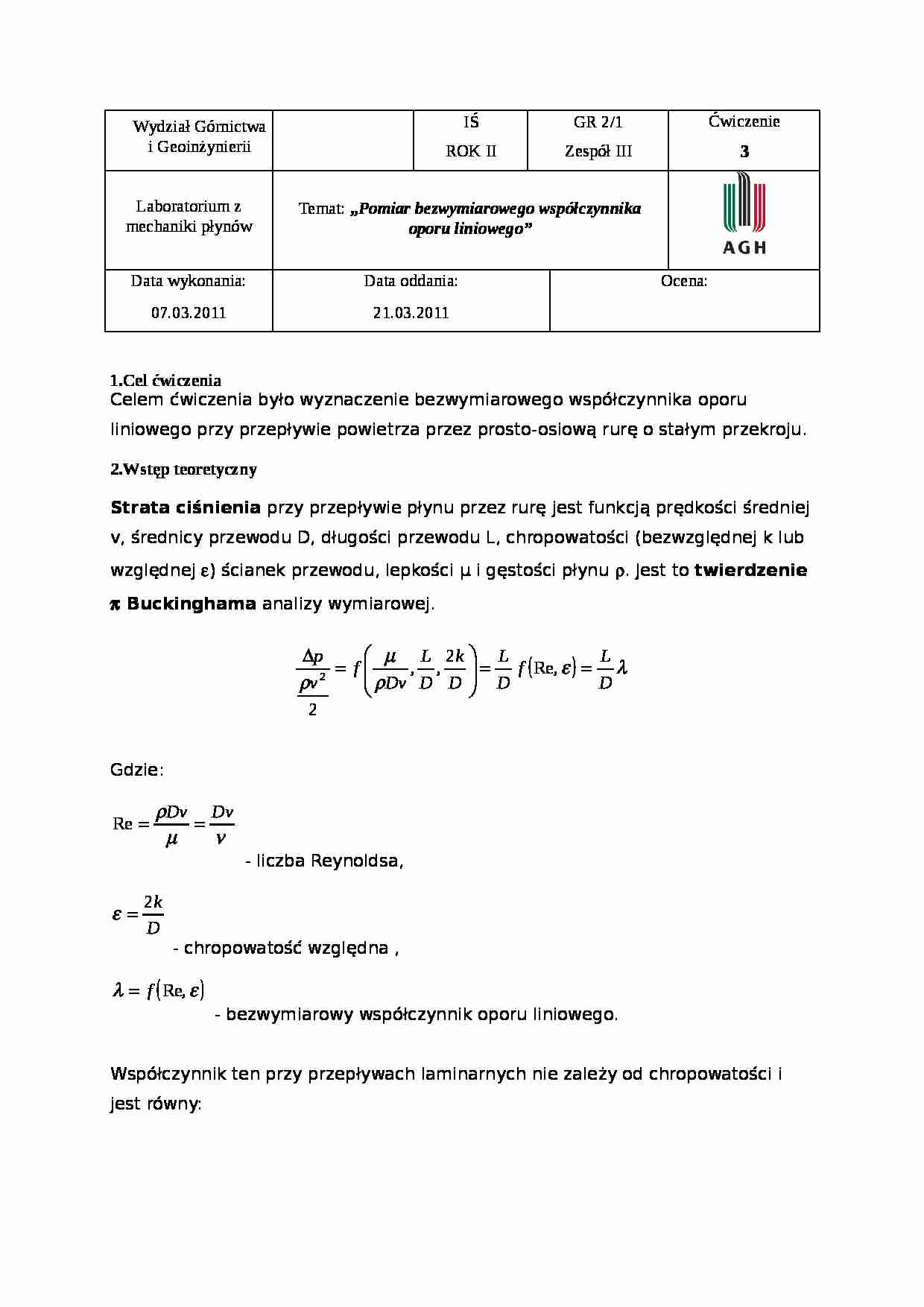 LABORATORIUM Pomiar bezwymiarowego współczynnika oporu liniowego? - strona 1