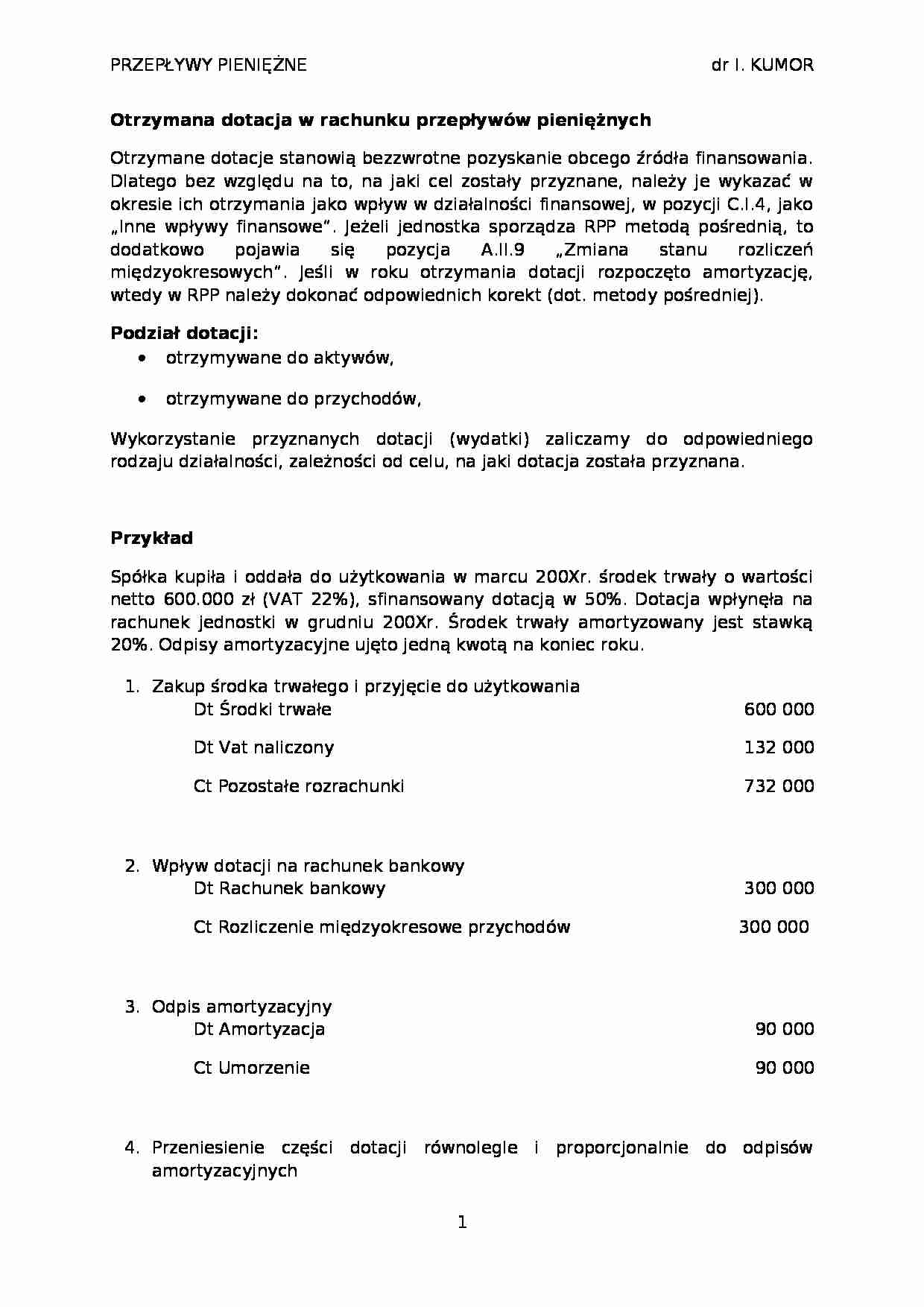 Dotacja i leasing w rachunku przepływów pieniężnych- opracowanie - strona 1