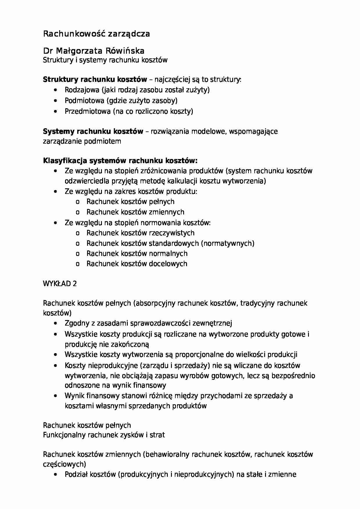 Struktury i systemy rachunku kosztów- opracowanie - strona 1