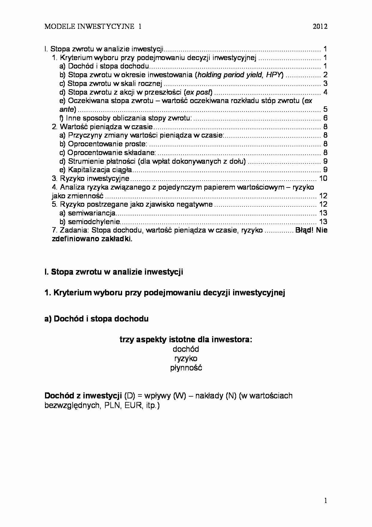 Stopa zwrotu, wartośc pieniądza w czasie, ryzyko- skrypt - strona 1