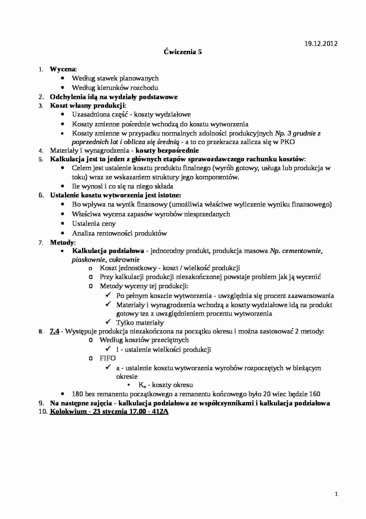 Ćwiczenia 5- rachunek kosztów - strona 1