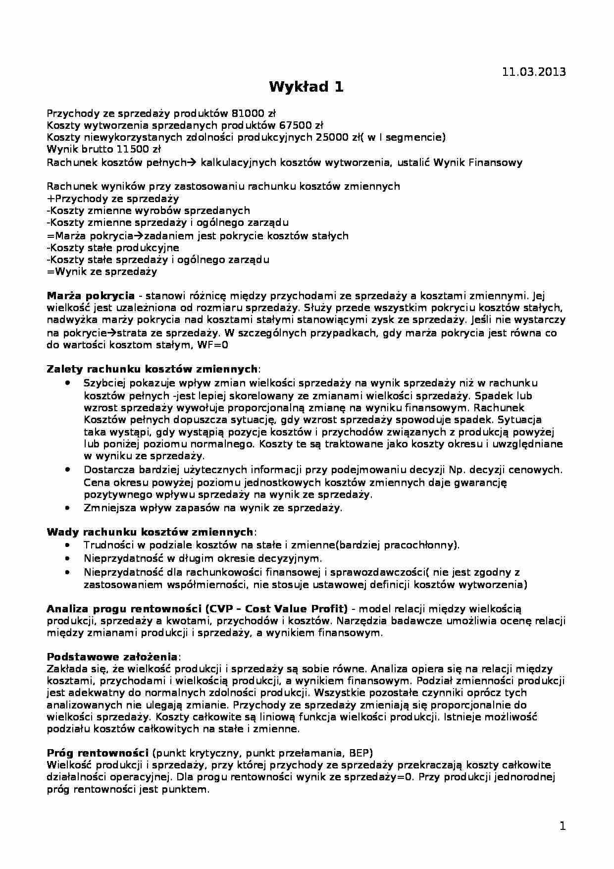 Rachunkowość zarządcza- wykład 1 - strona 1