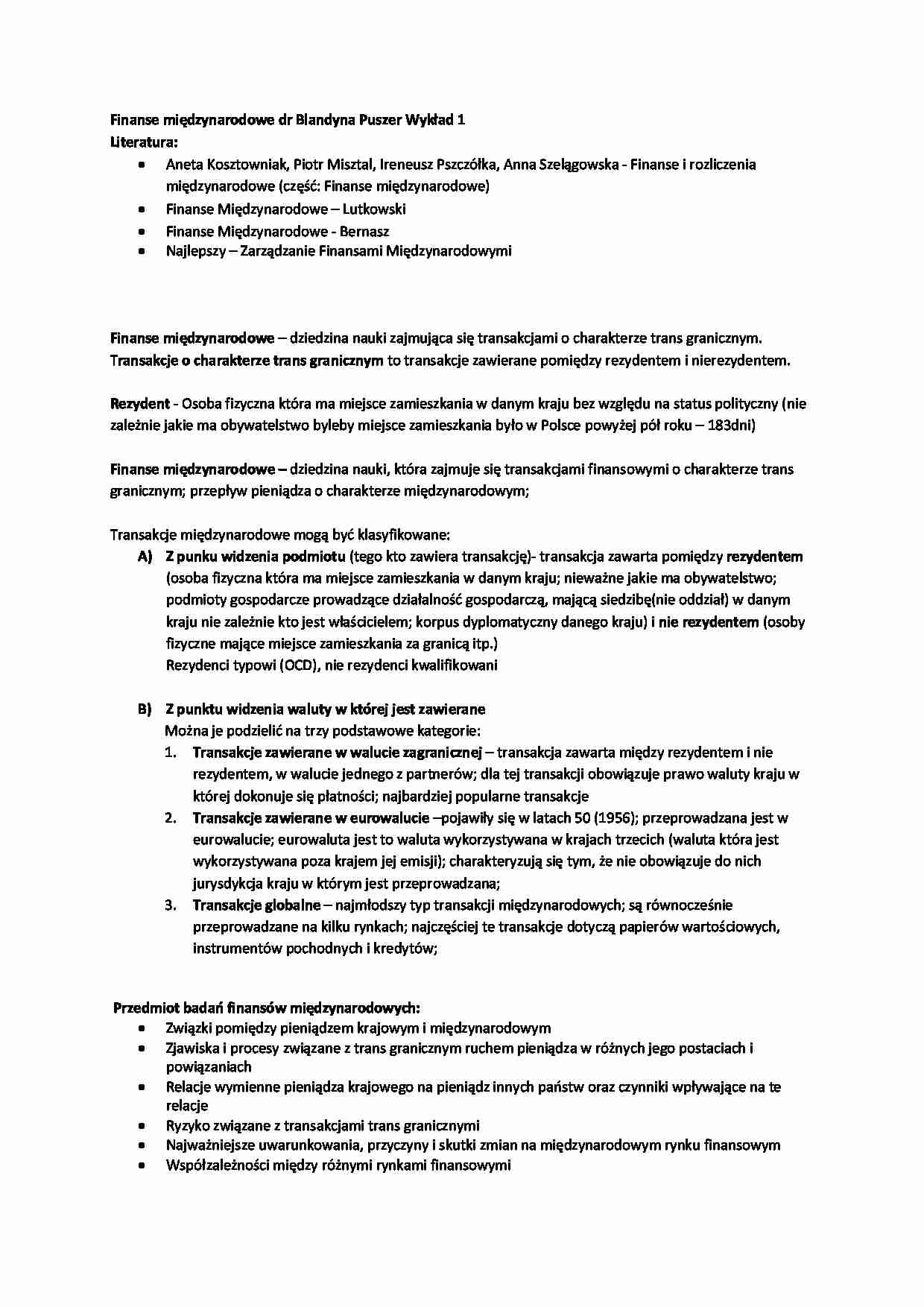 Finanse międzynarodowe- wykład 1 - strona 1