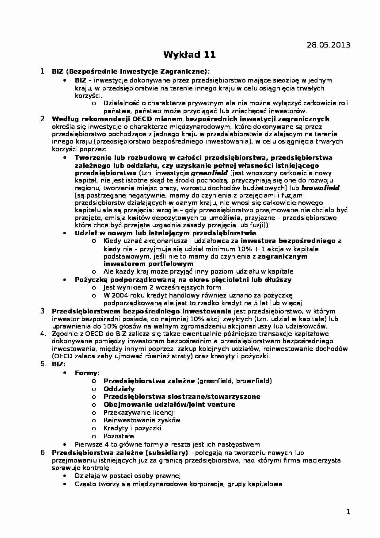 Bezpośrednie Inwestycje Zagraniczne- wykład 11 - strona 1