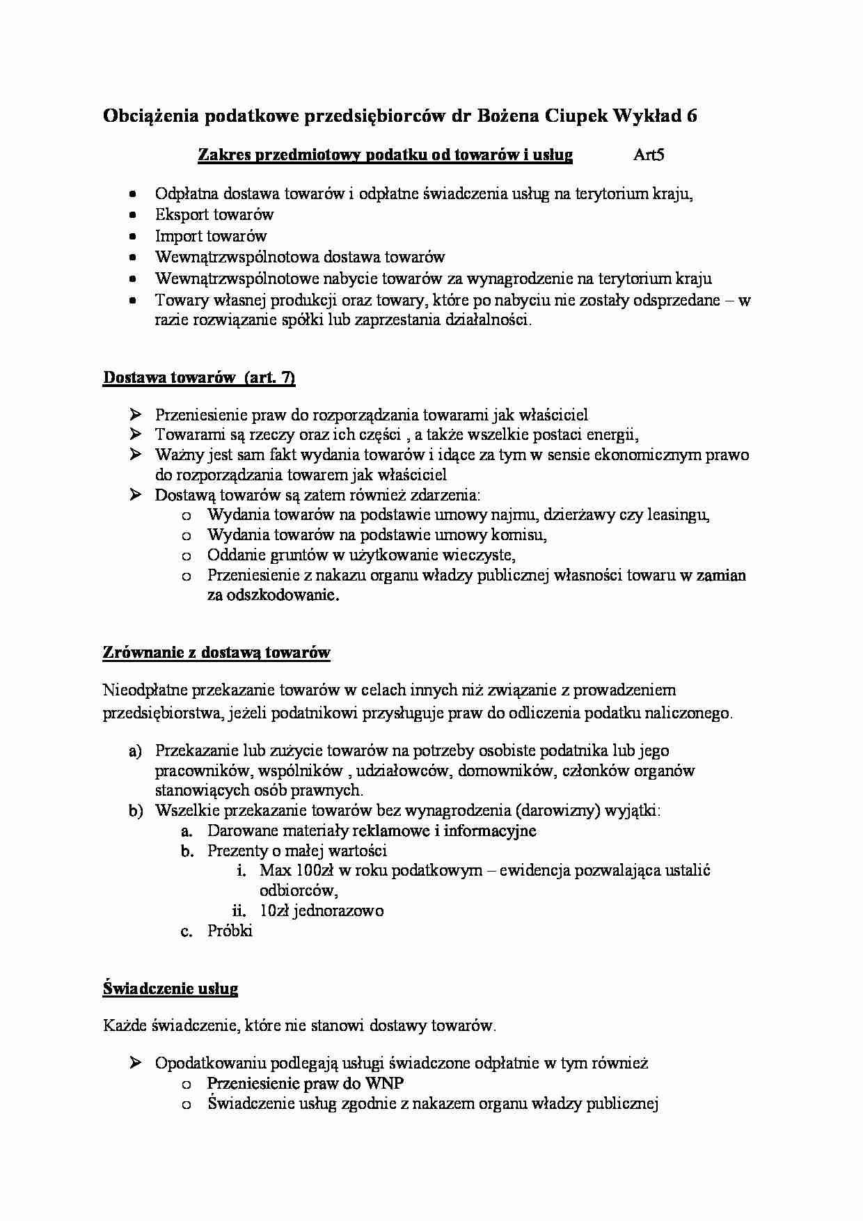 Obciążenia podatkowe przedsiębiorców- wykład 6 - strona 1