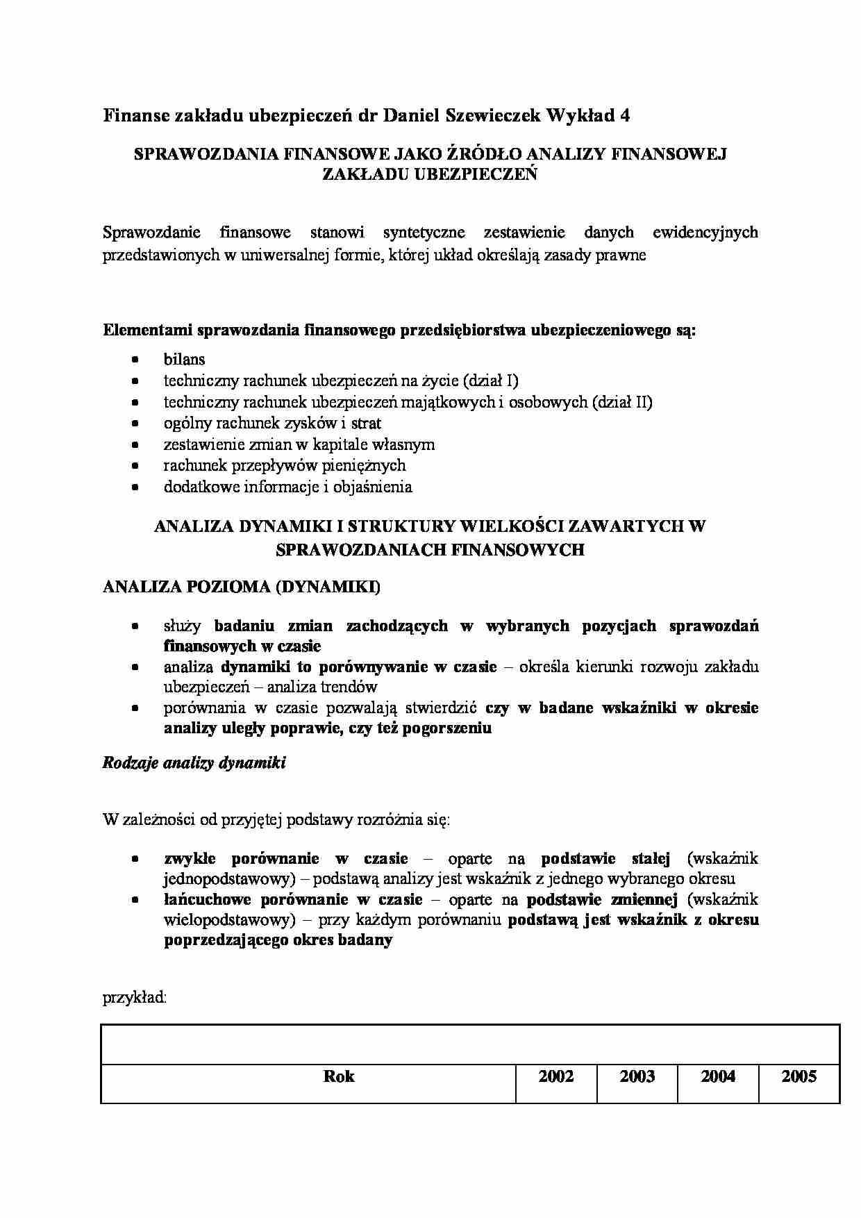Finanse zakładu ubezpieczeń- wykład 4 - strona 1