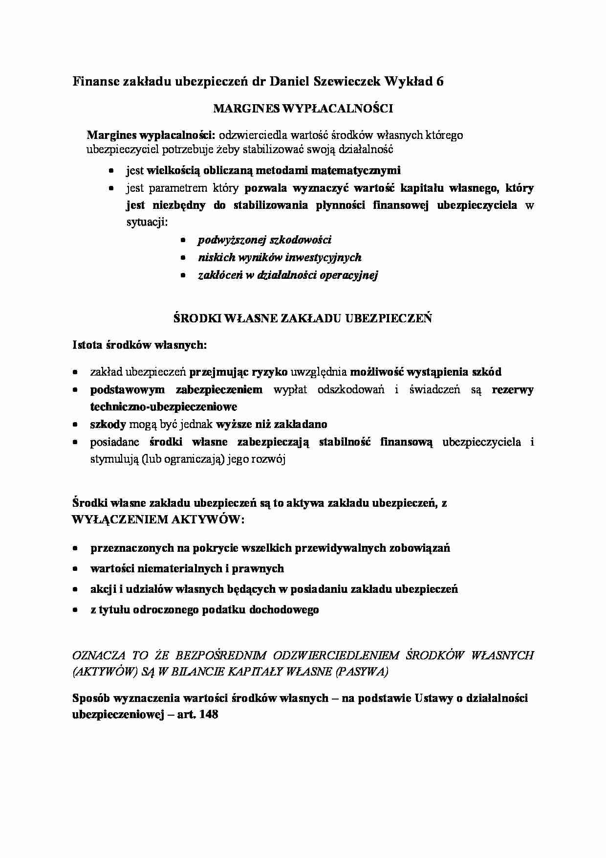 Finanse zakładu ubezpieczeń- wykład 6 - strona 1