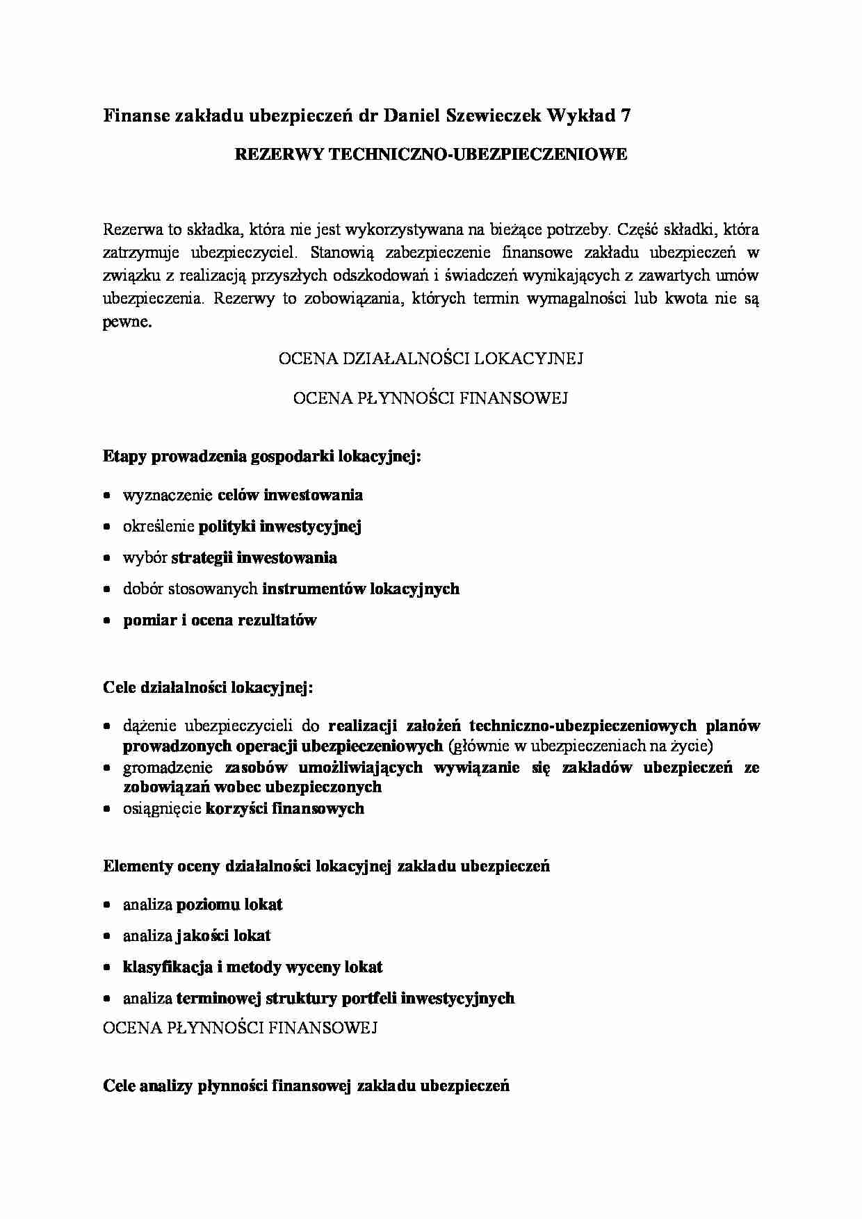 Finanse zakładu ubezpieczeń- wykład 7 - strona 1