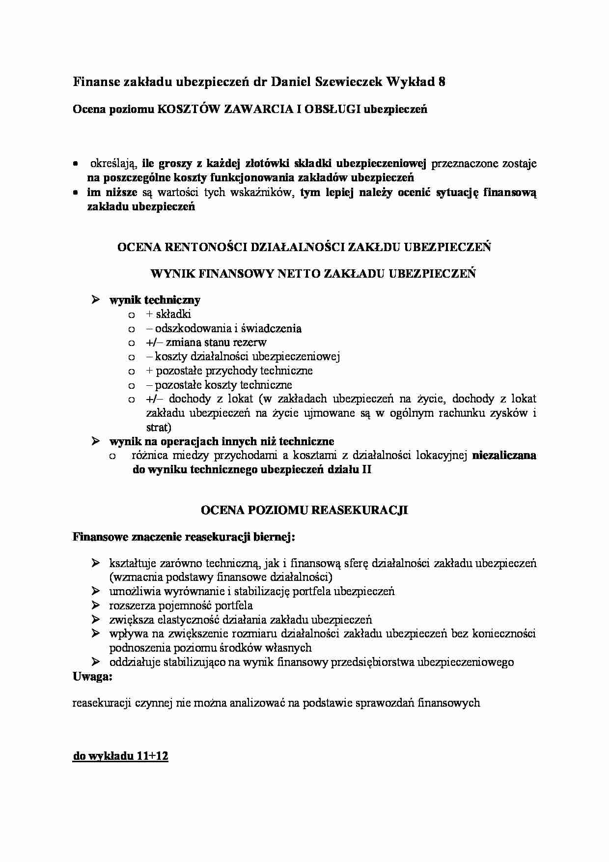 Finanse zakładu ubezpieczeń- wykład 8 - strona 1
