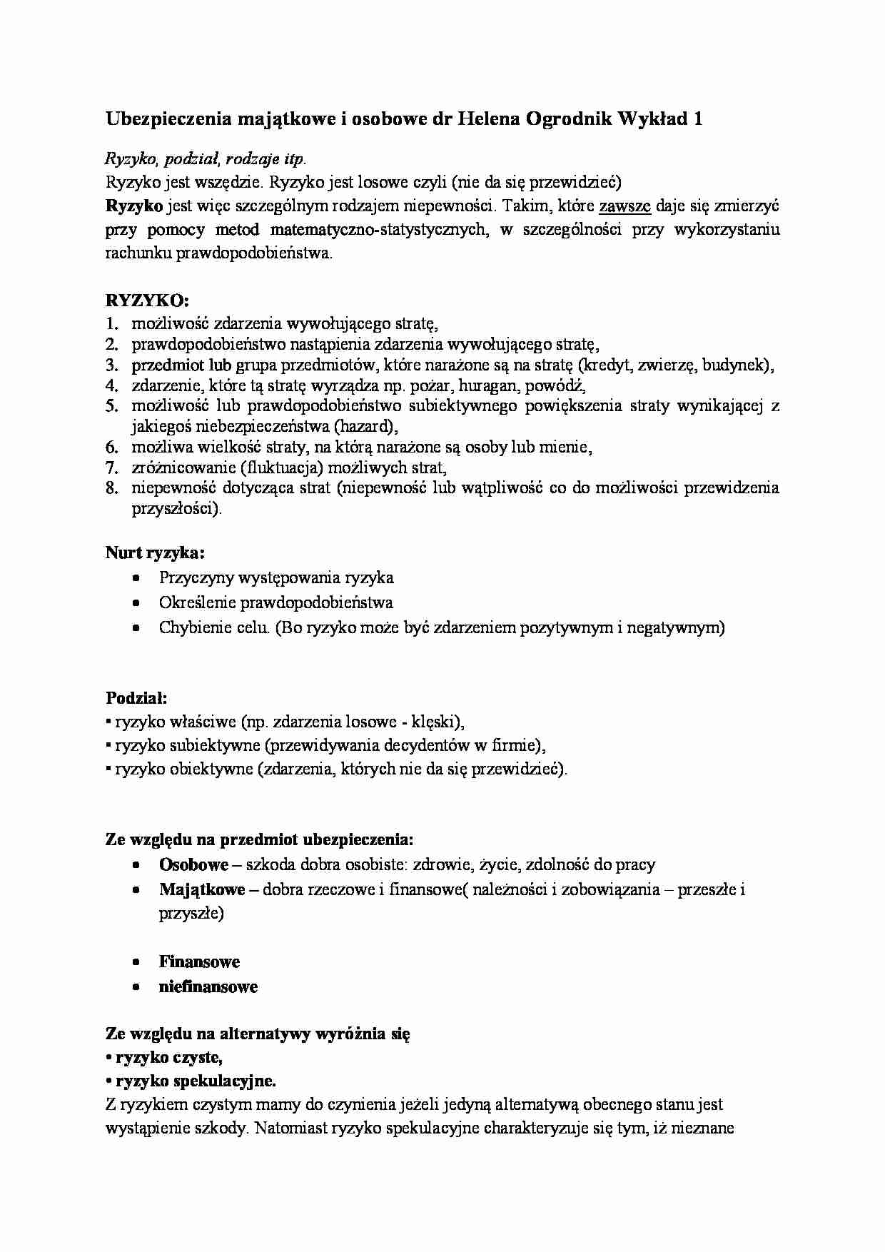 Ubezpieczenia majątkowe i osobowe- wykład 1 - strona 1