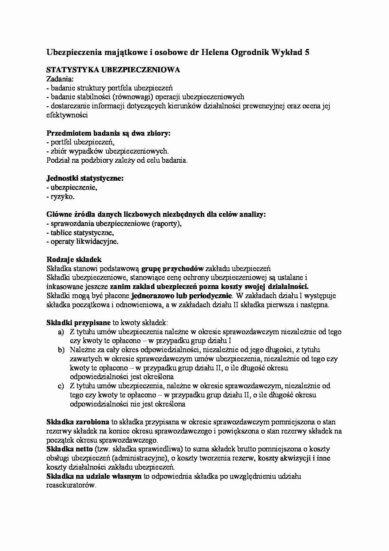 Ubezpieczenia majątkowe i osobowe- wykład 5 - strona 1