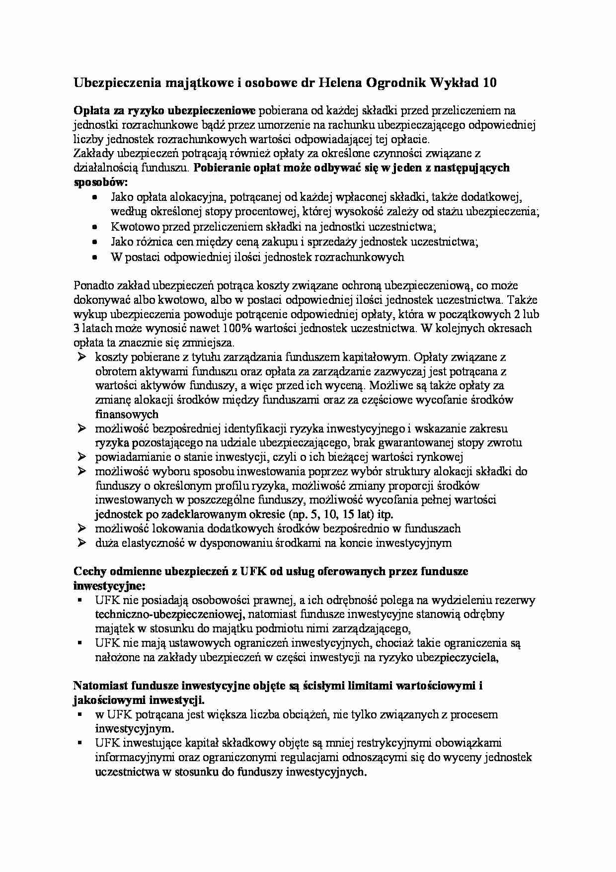 Ubezpieczenia majątkowe i osobowe- wykład 10 - strona 1