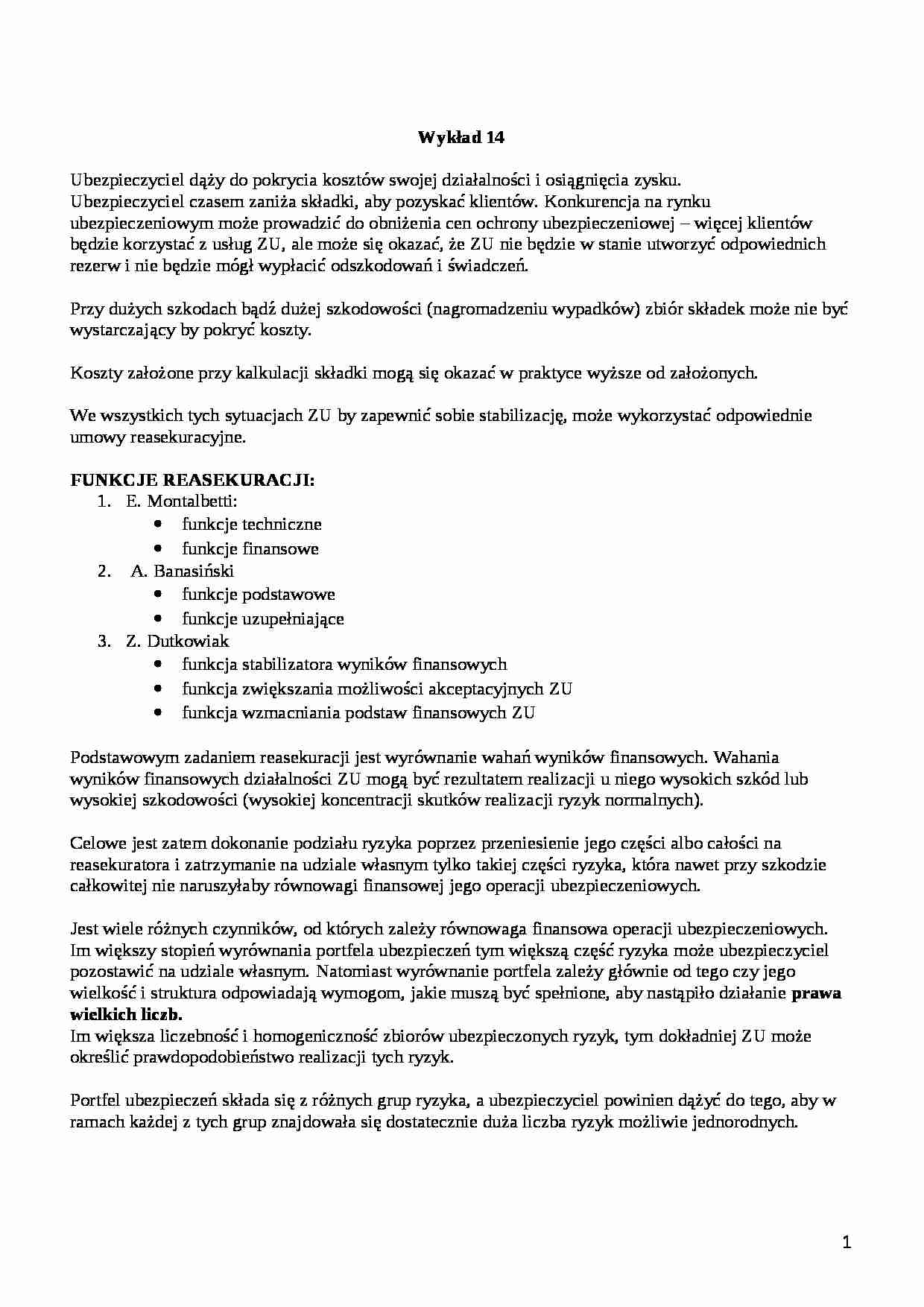 Ubezpieczenia- wykład 14 - strona 1