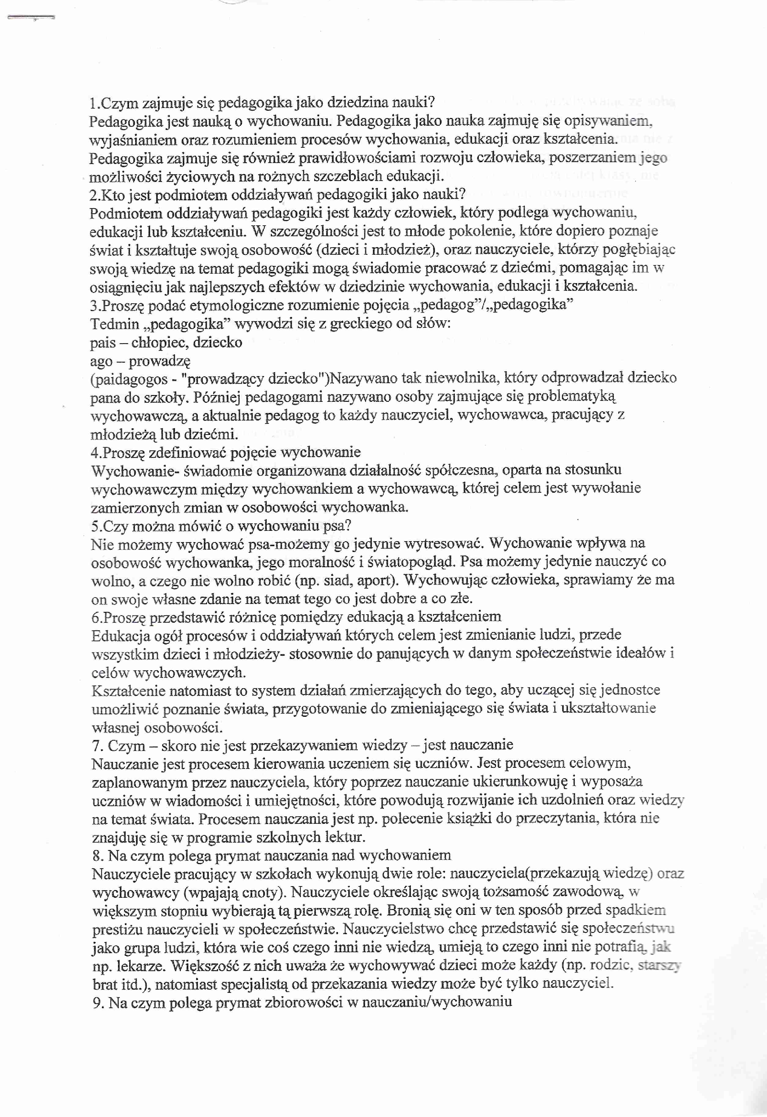 Pedagogika - opracowane pytania na kolokwium - strona 1