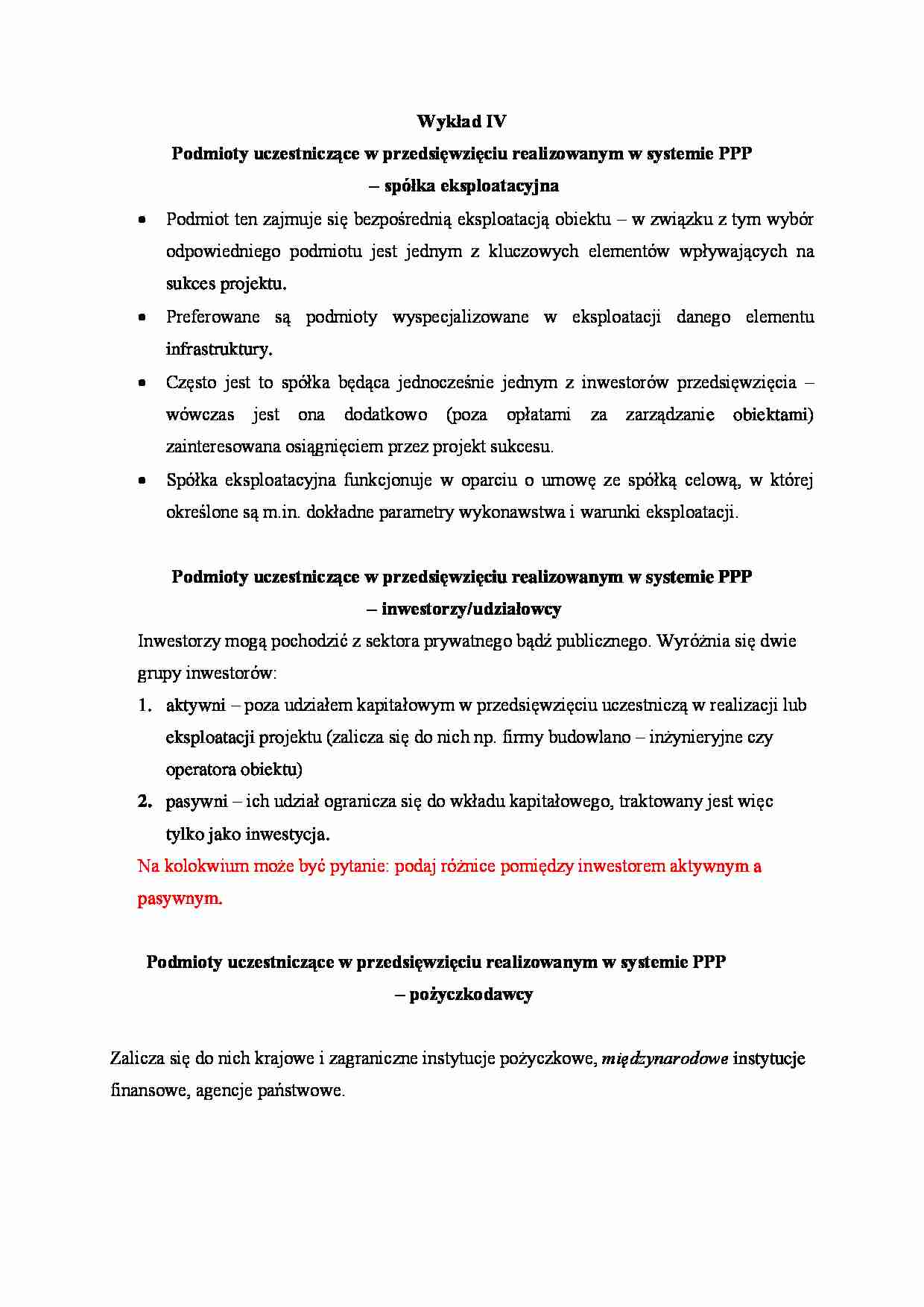 Partnerstwo publiczno-prywatne- wykład 4 - strona 1
