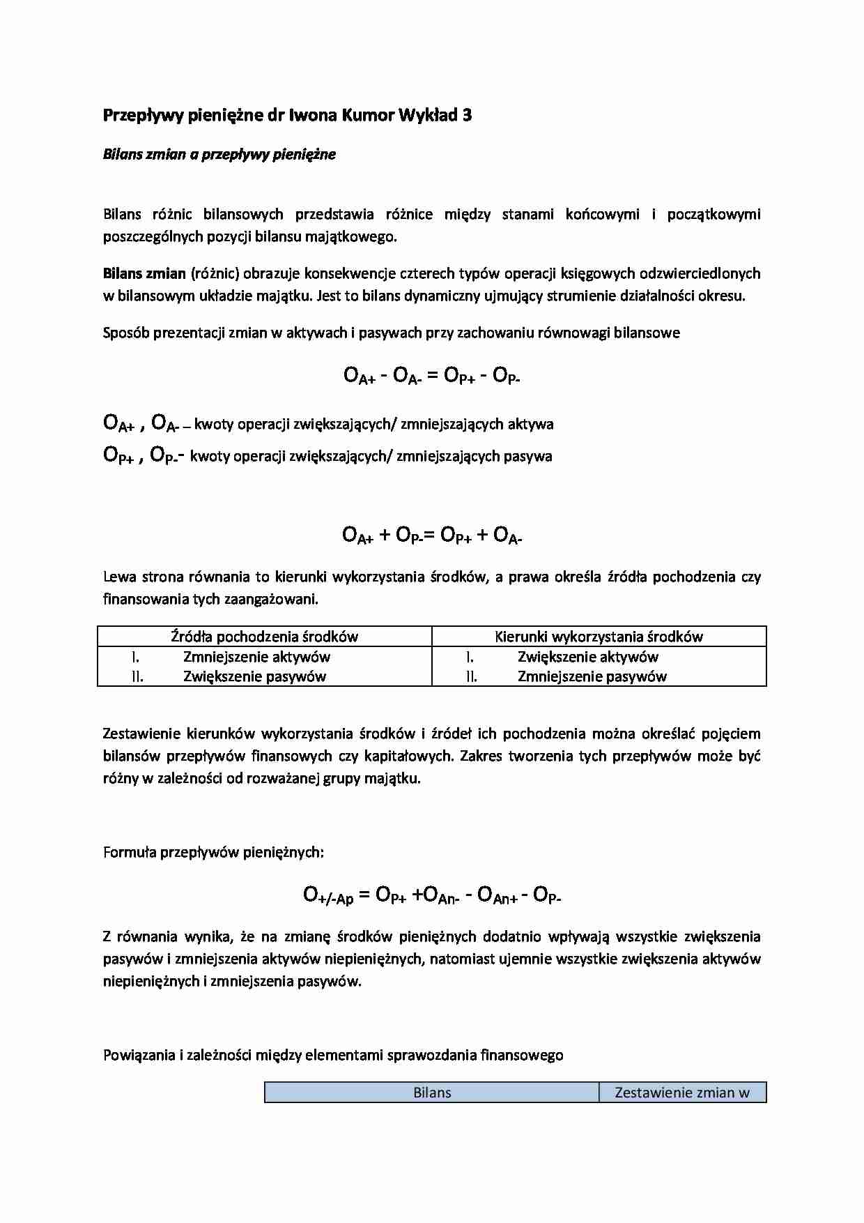 Bilans zmian a przepływy pieniężne- wykład 3 - strona 1