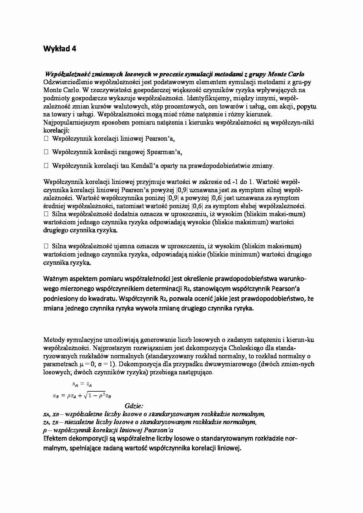 Współzależność zmiennych losowych w procesie symulacji metodami z grupy Monte Carlo- wykład 4 - strona 1