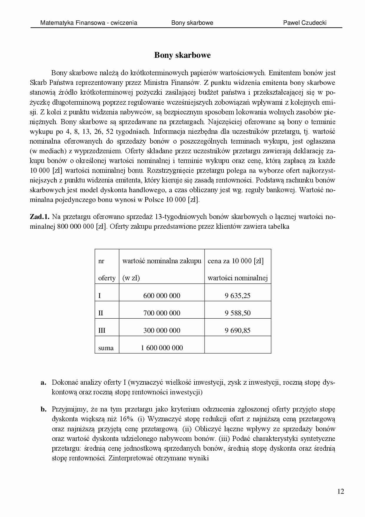 Matematyka finansowa - bony skarbowe ĆWICZENIA - strona 1
