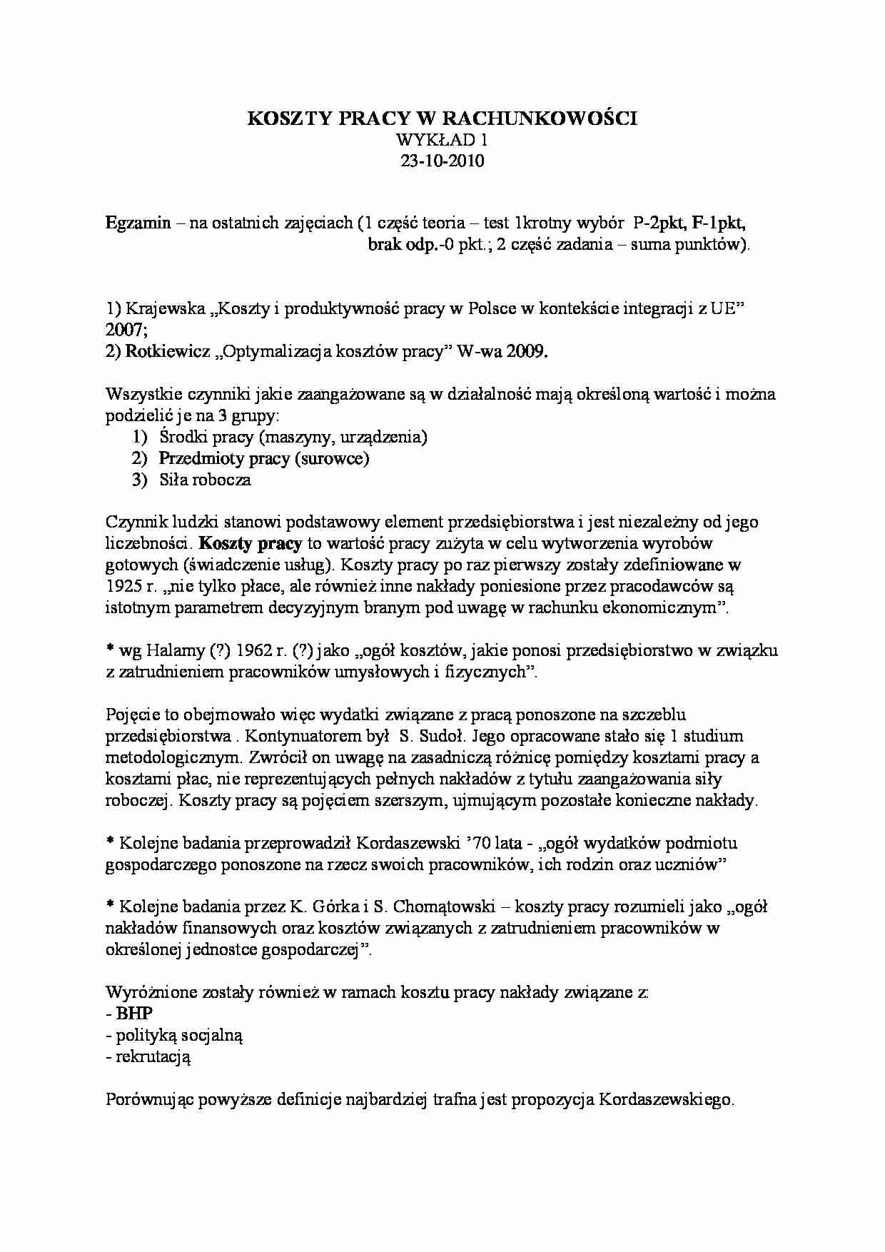 Koszty pracy w rachunkowości- wykład 1 - strona 1