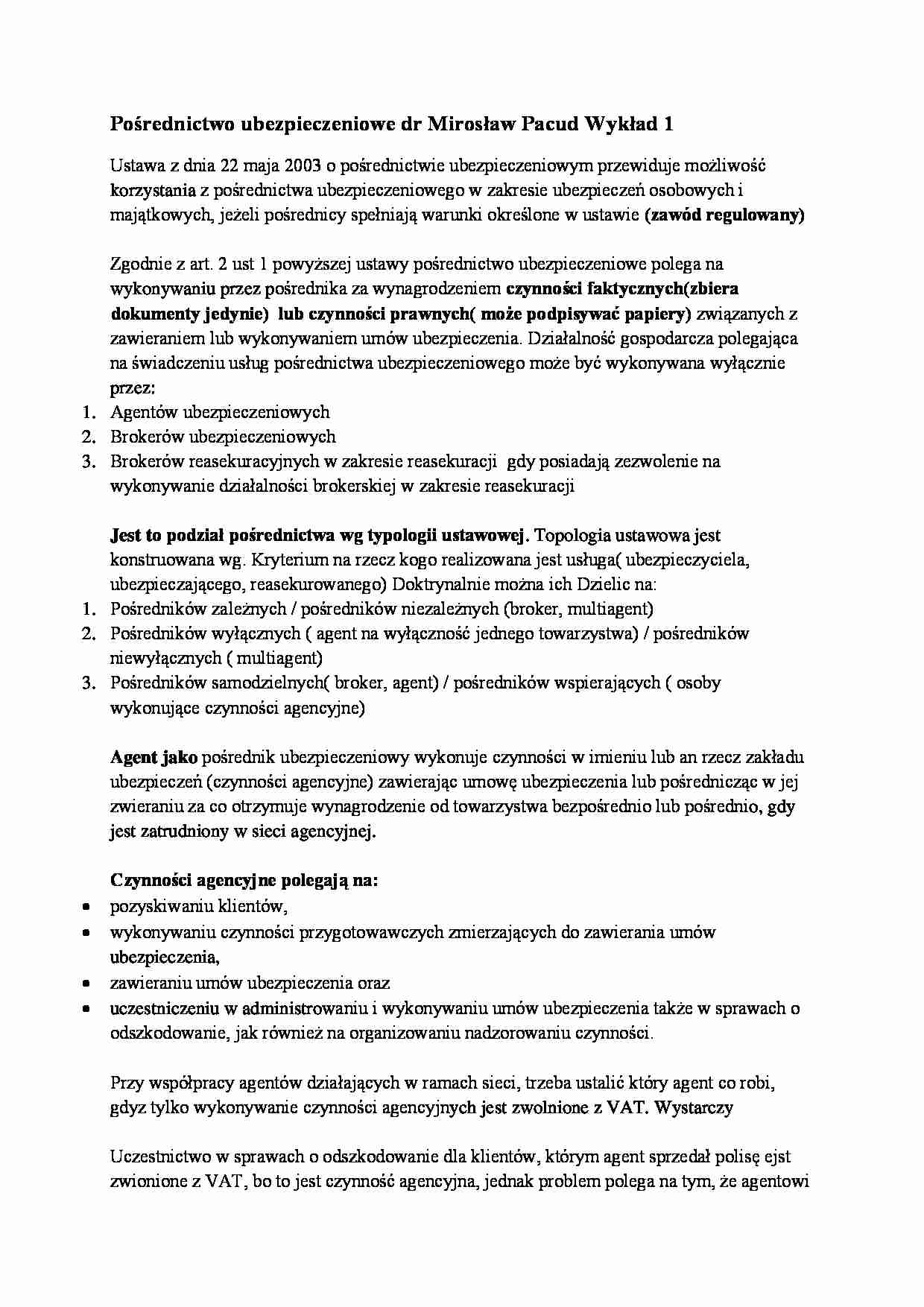 Pośrednictwo ubezpieczeniowe- wykład 1 - strona 1