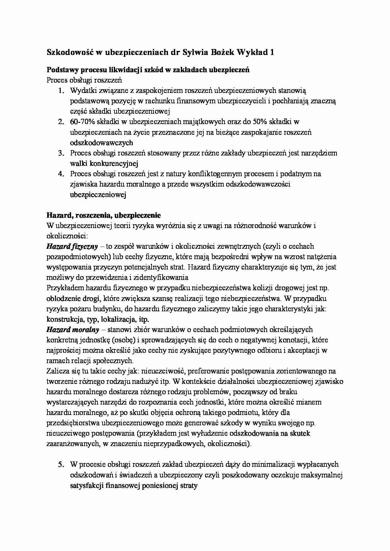 Szkodowość w ubezpieczeniach- wykład 1 - strona 1
