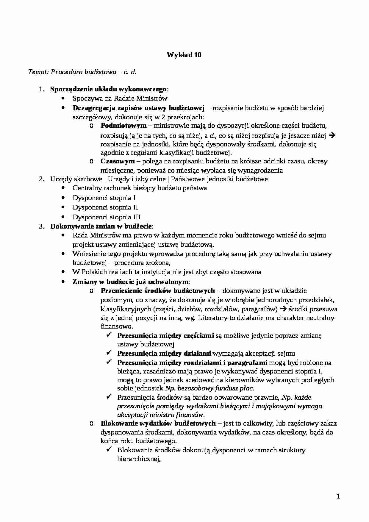 Procedura budżetowa- wykład 10 - strona 1