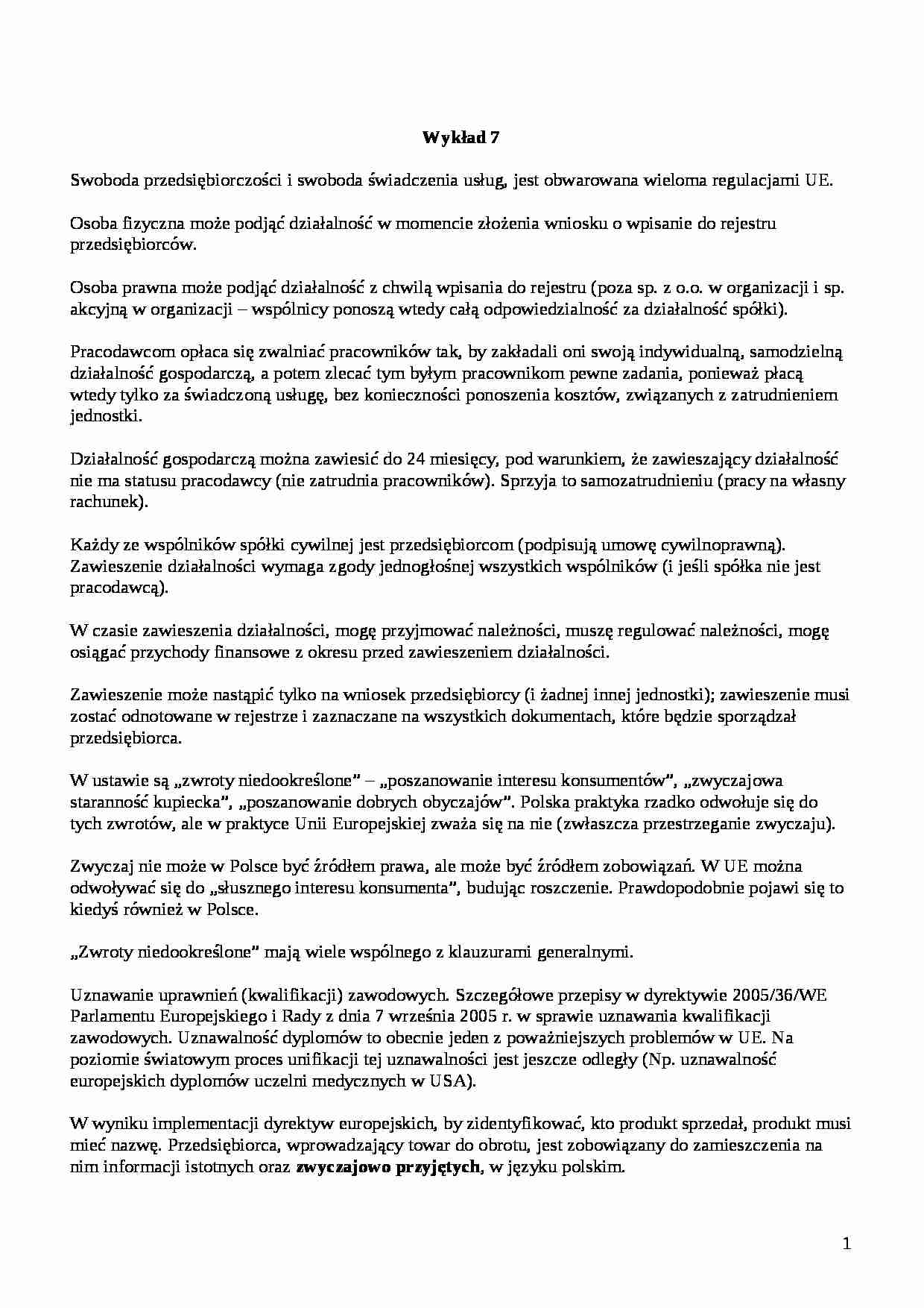 Prawo gospodarcze i prawo pracy- wykład 7 - strona 1