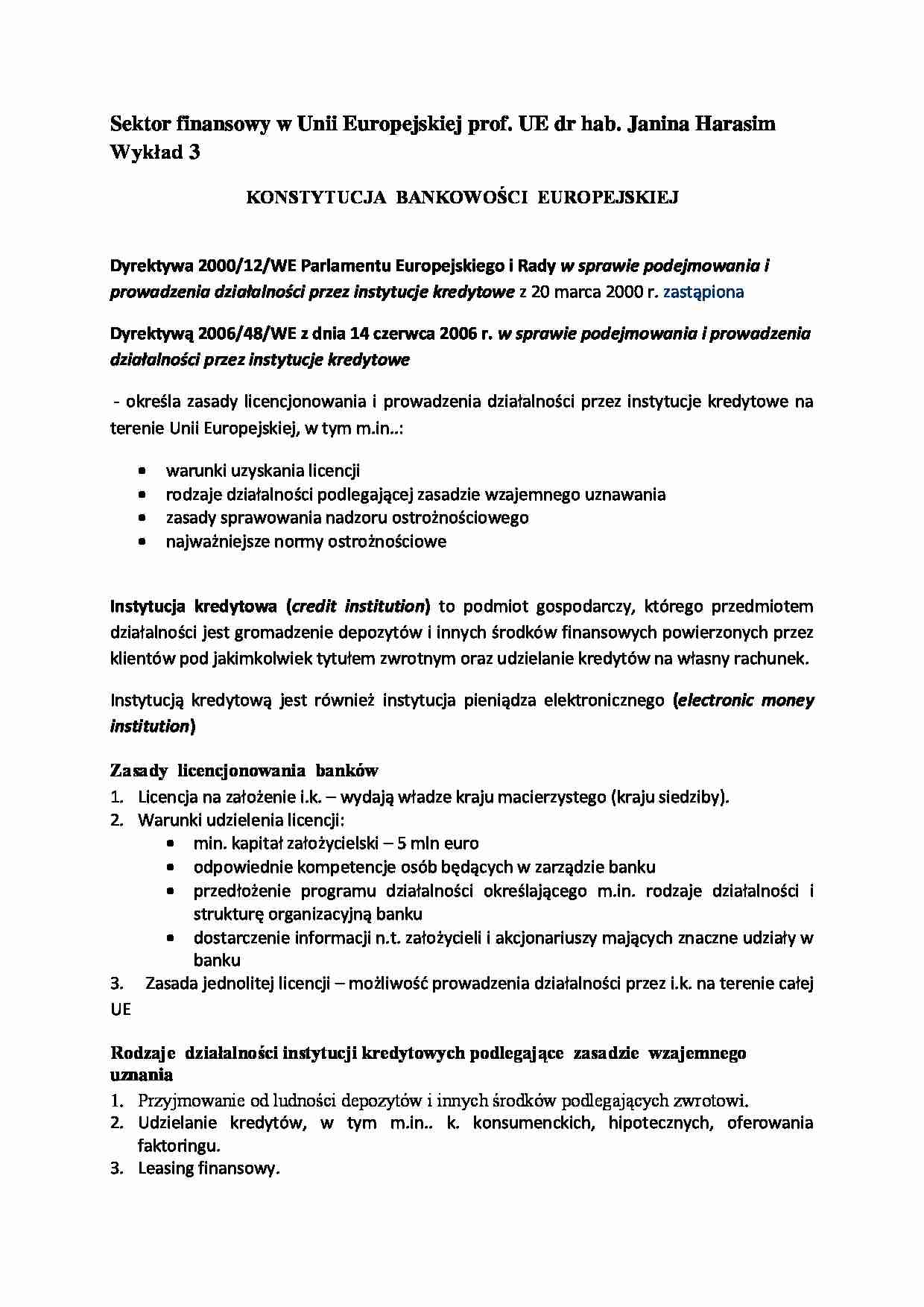 Sektor finansowy w Uni Europejskiej- wykład 3 - strona 1