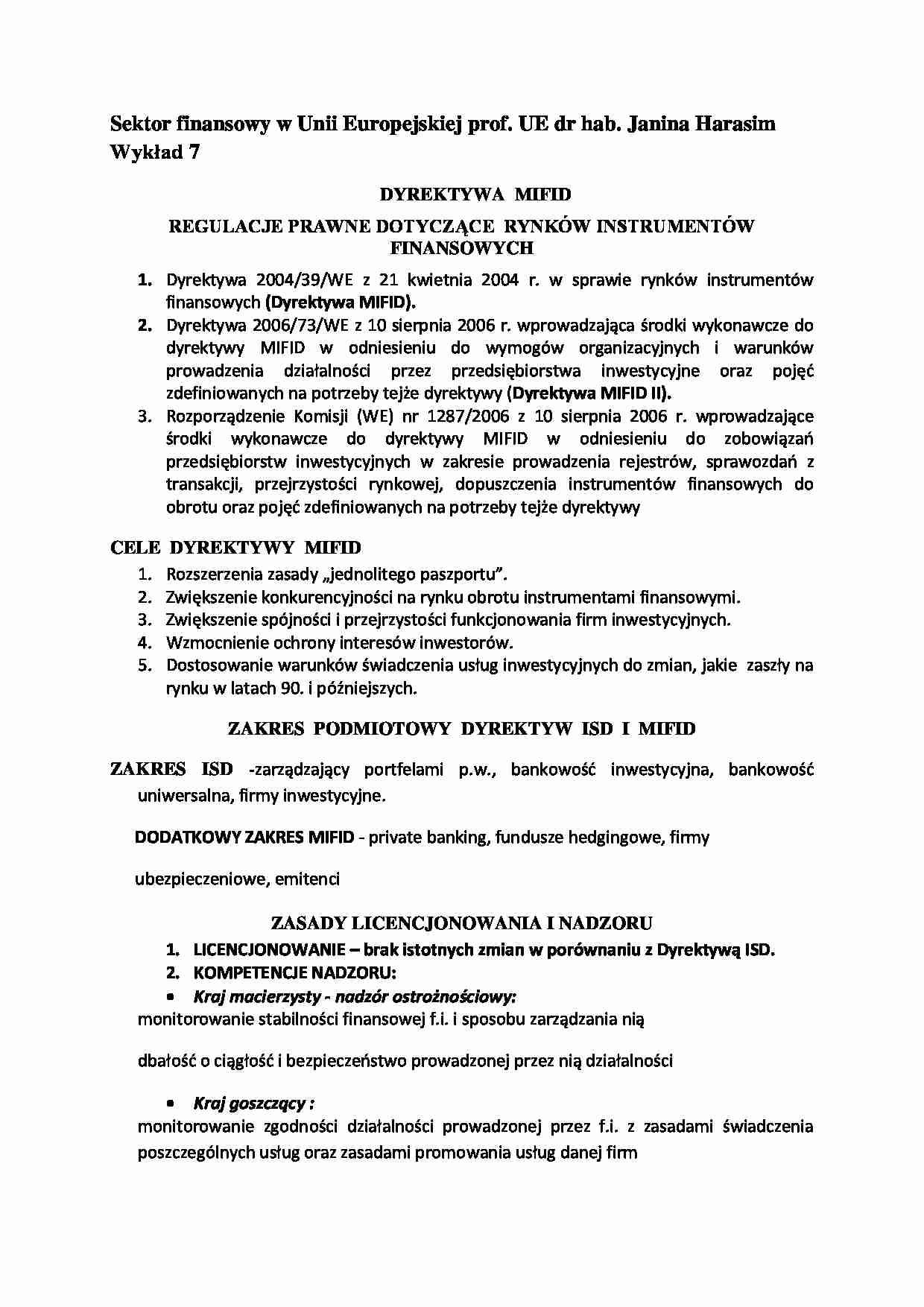 Sektor finansowy w Uni Europejskiej- wykład 7 - strona 1