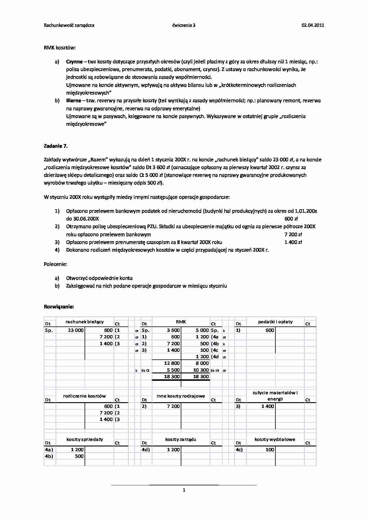 Rachunkowość zarządcza- ćwiczenia 3 - strona 1