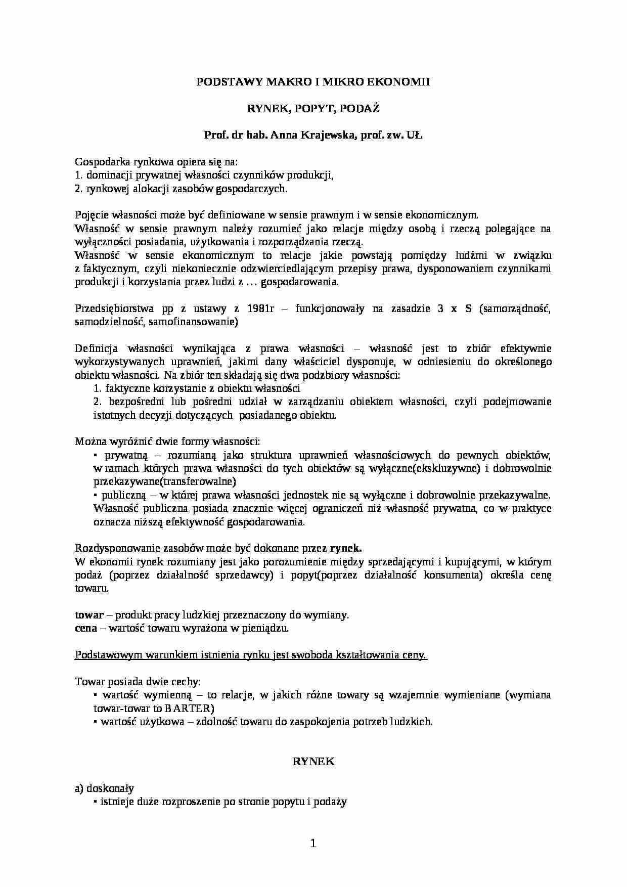 Wykład- Mikroekonomia, Charakterystyka rynku, popytu, podaży - strona 1