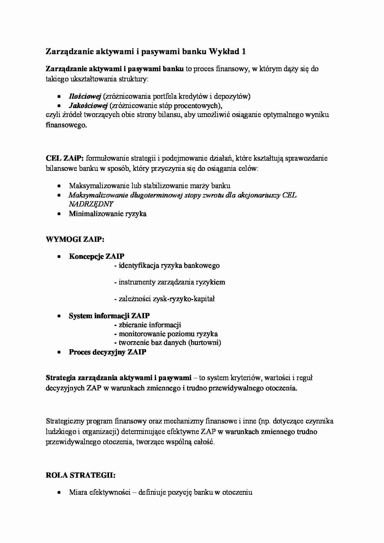 Zarządzanie aktywami i pasywami banku- wykład 1 - strona 1