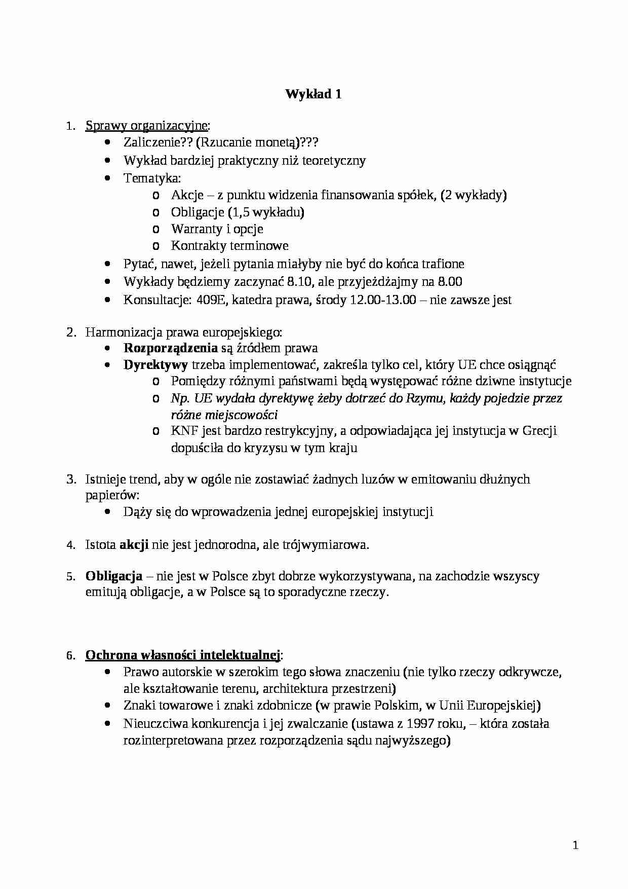 Prawo instrumentów finansowych- wykład 1 - strona 1