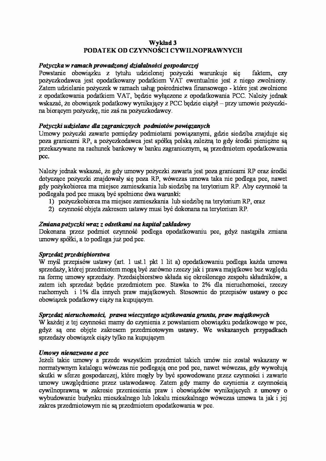 Podatek od czynności cywilnoprawnych- wykład 3 - strona 1