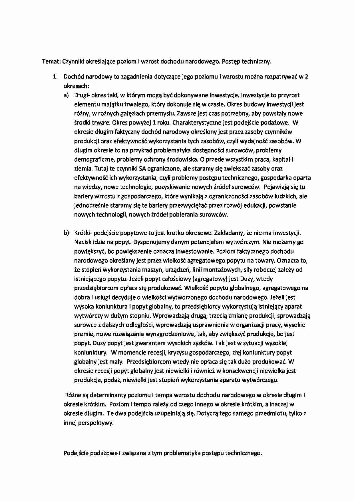 WYKŁAD- Czynniki określające poziom i wzrost dochodu narodowego. Postęp techniczny. - strona 1