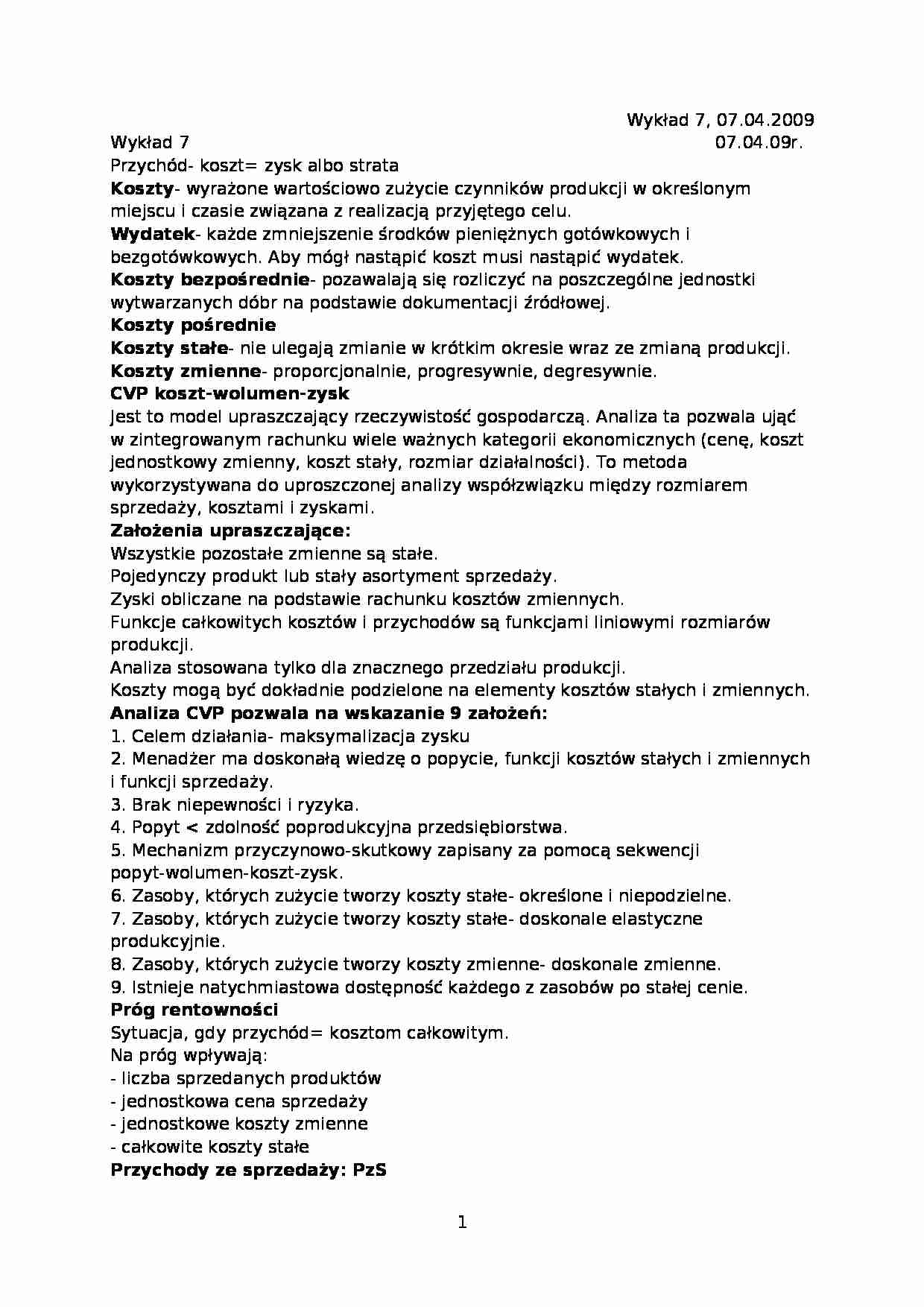 Analiza CVP- wykład 7 - strona 1